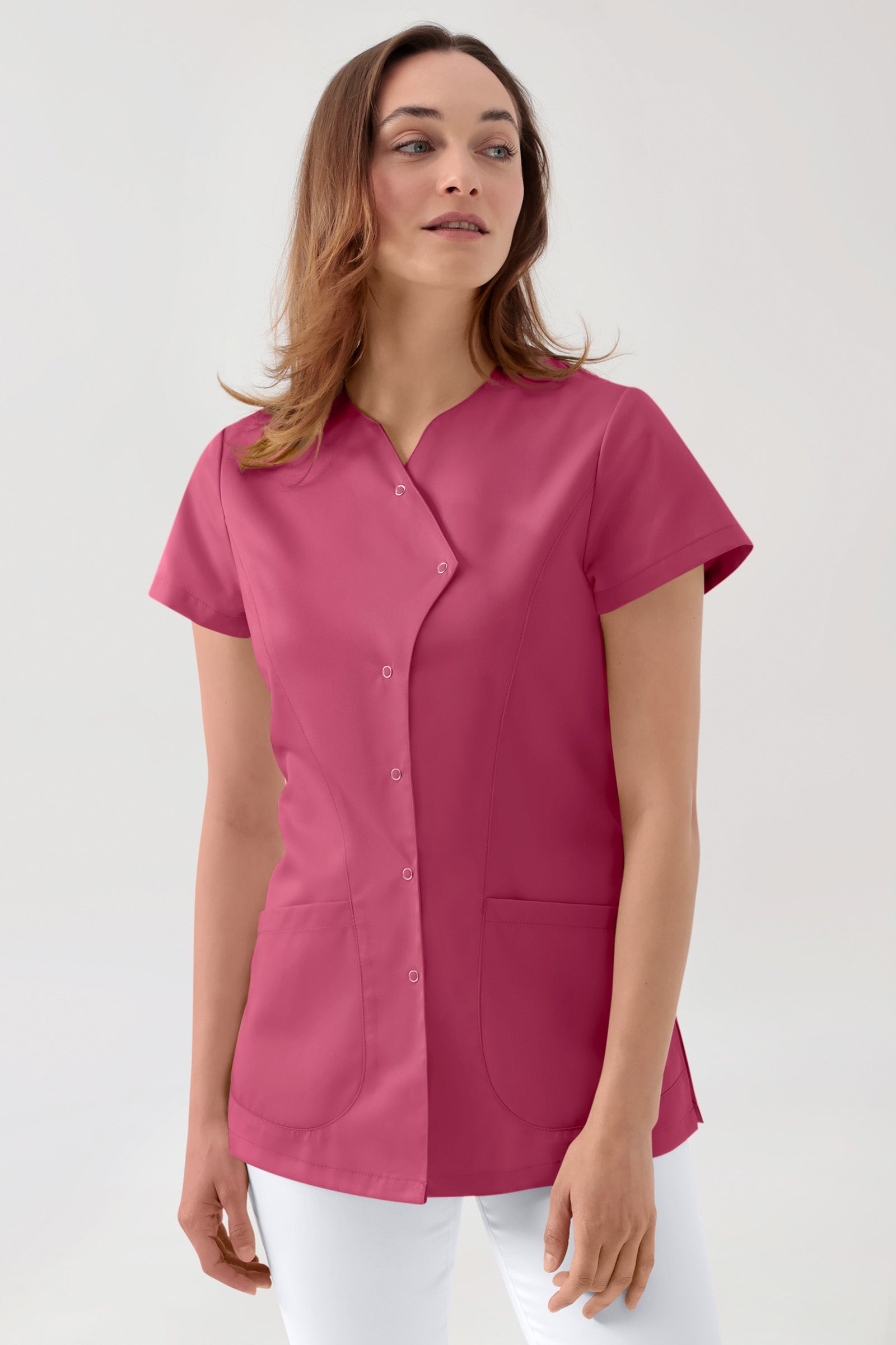 GREEN Stretch Kasack Damen - asymmetrische Druckknopfleiste rosenholz, Vorderansicht 