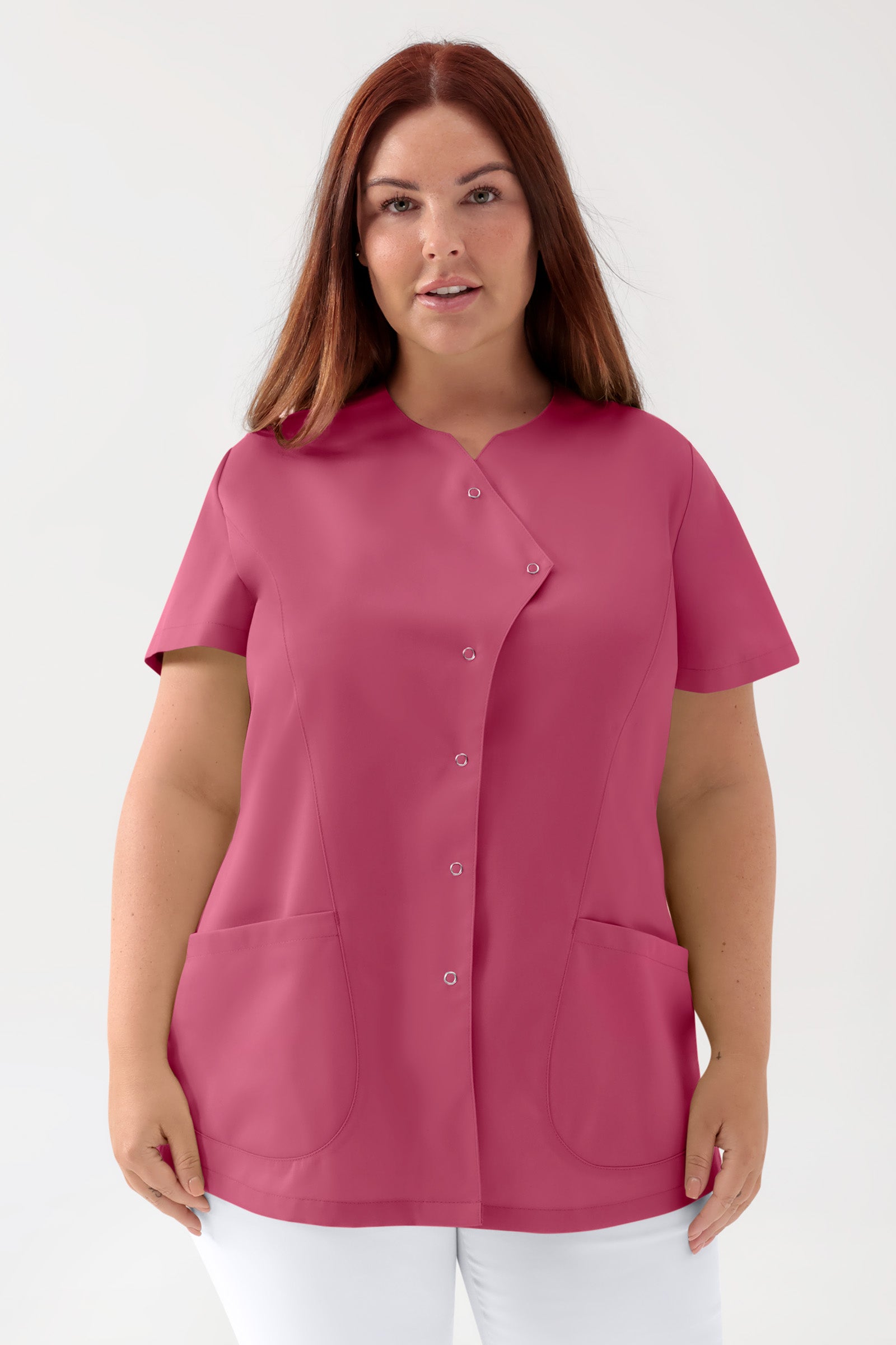 GREEN Stretch Kasack Damen - asymmetrische Druckknopfleiste rosenholz, Vorderansicht 