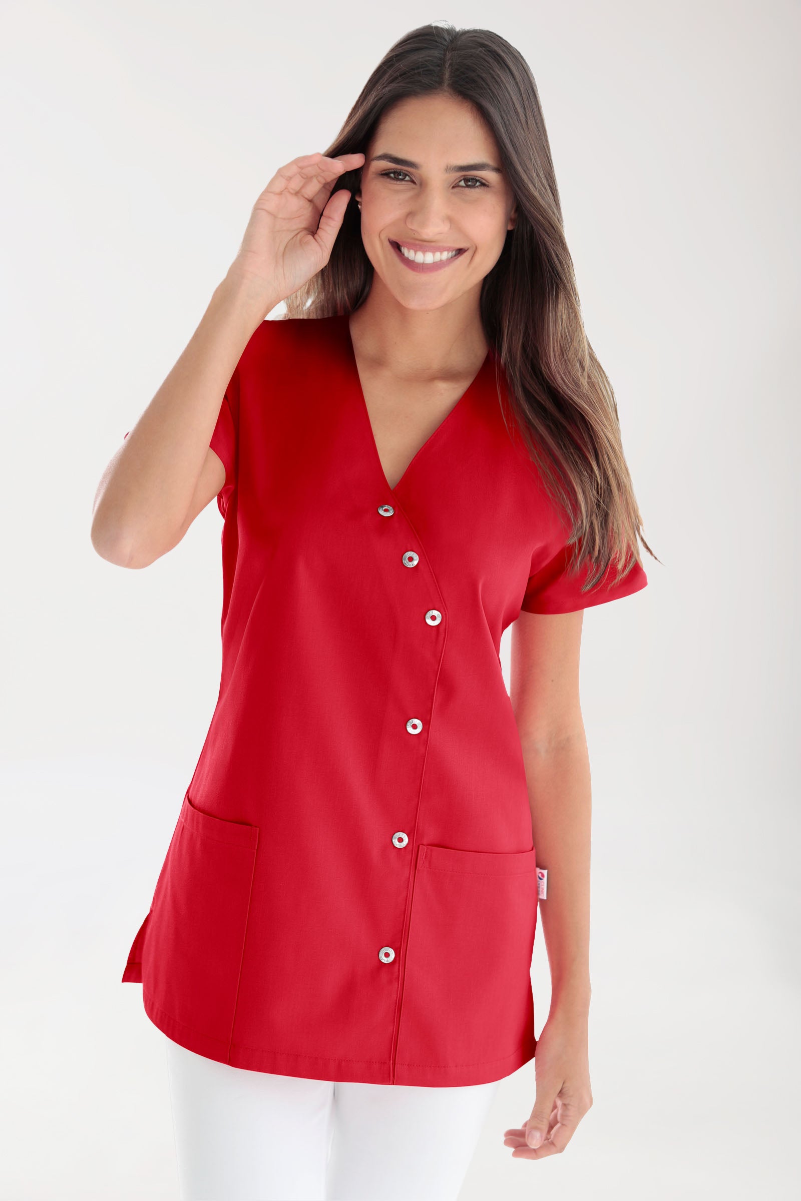 Beauty Kasack Damen - asymmetrische Druckknopfleiste rot, Vorderansicht 