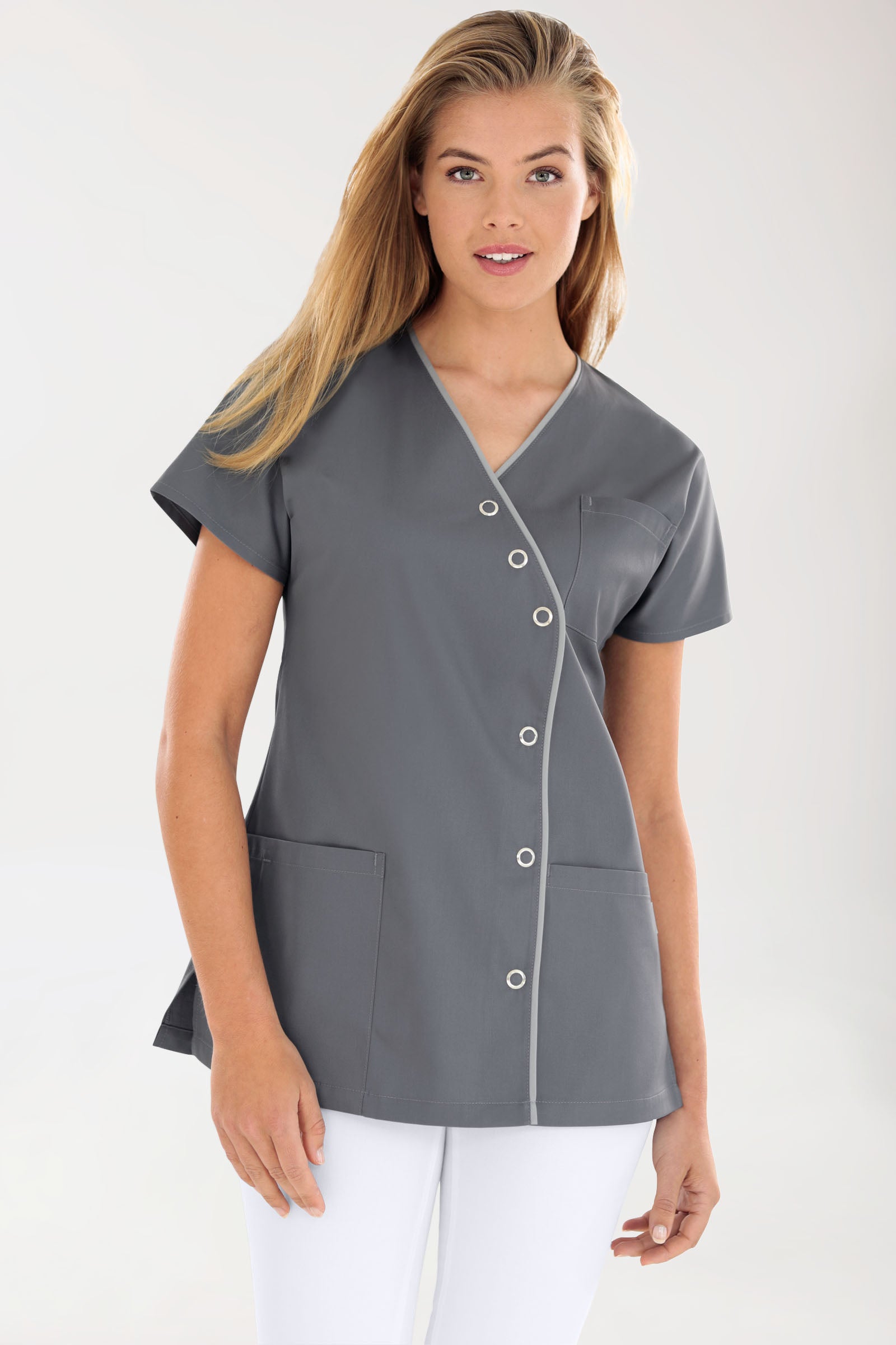 Beauty Kasack Damen - asymmetrische Druckknopfleiste steingrau/grau, Vue de face 
