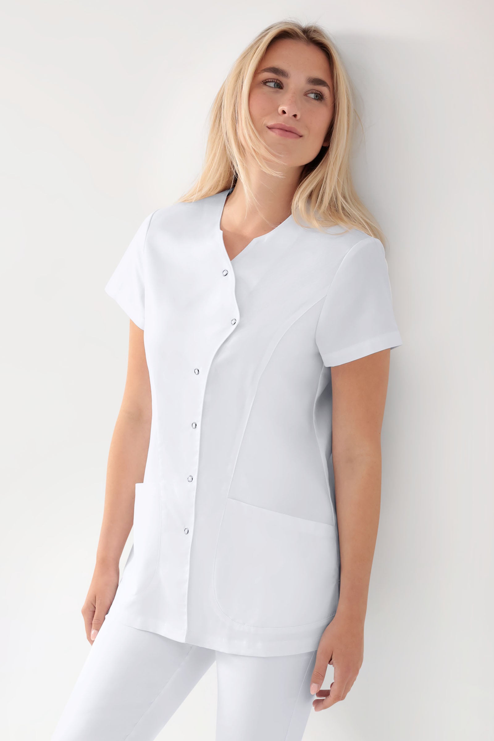 GREEN Stretch Kasack Damen - asymmetrische Druckknopfleiste weiss