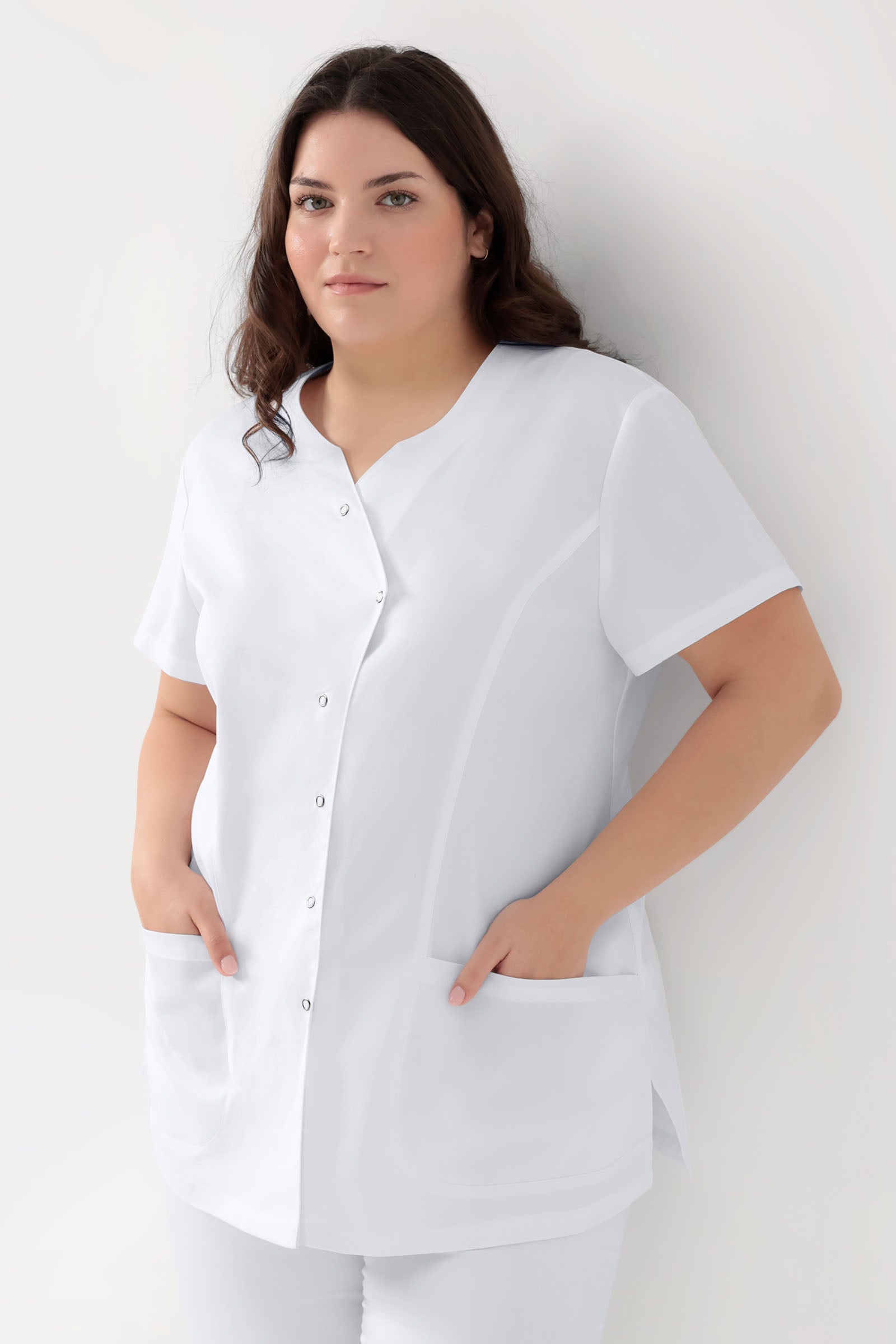 GREEN Stretch Kasack Damen - asymmetrische Druckknopfleiste weiss