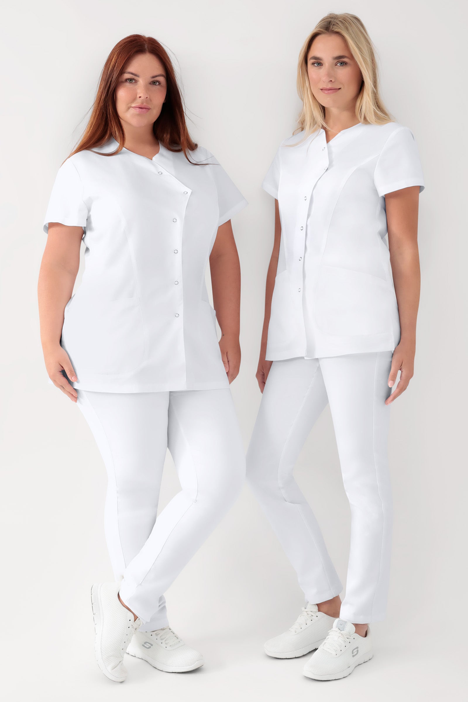 GREEN Stretch Kasack Damen - asymmetrische Druckknopfleiste weiss