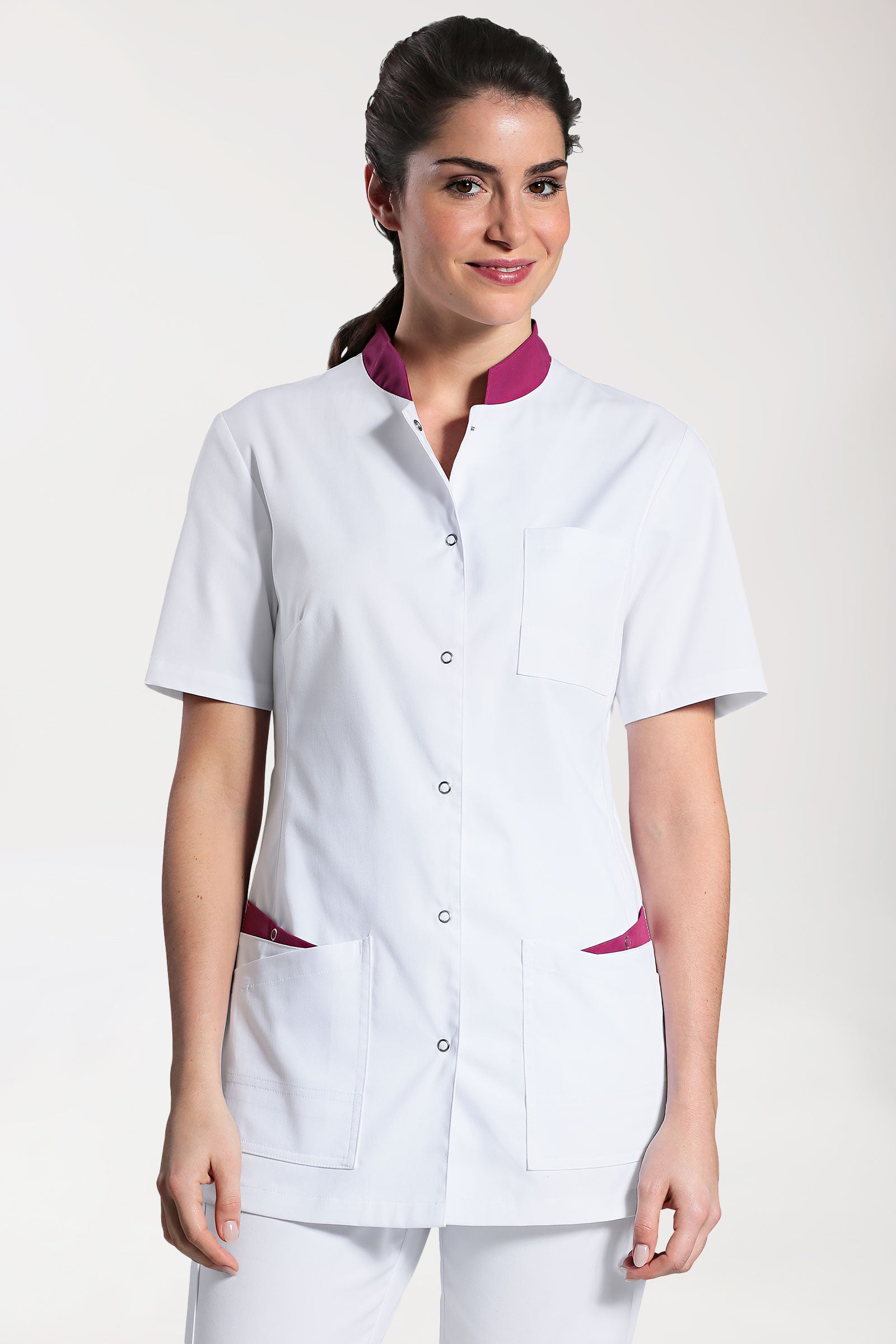 CLINIC STRETCH Kasack Damen - geknöpft weiss/berry