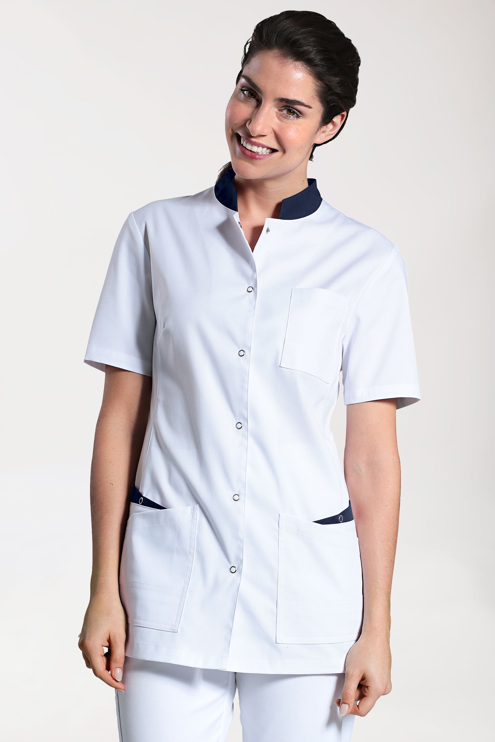 CLINIC STRETCH Kasack Damen - geknöpft weiss/navy