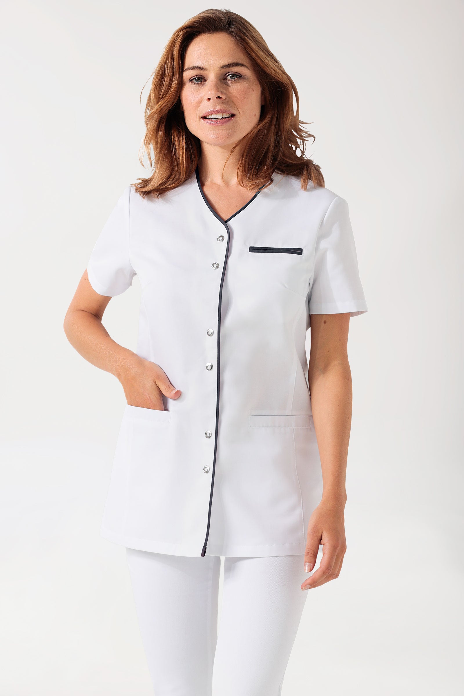 Beauty Kasack Damen - durchgeknöpft weiss/navy