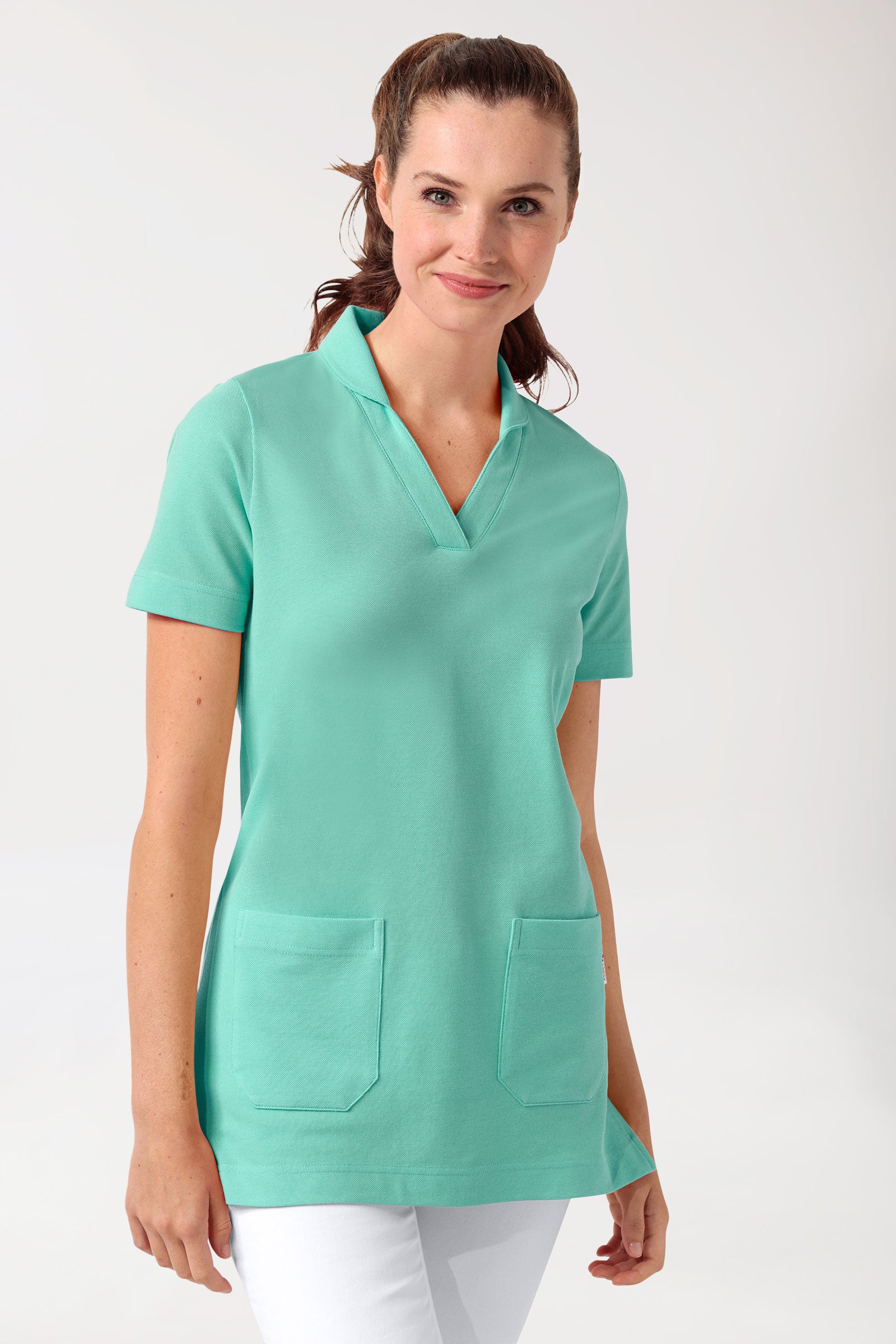 Piqué Longshirt Damen - mit Kragen aqua green, Vorderansicht 