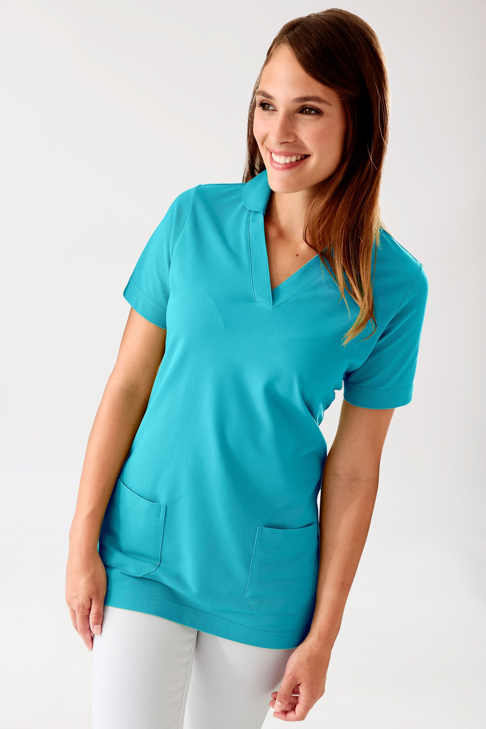 Piqué Longshirt Damen - mit Kragen curaçao, Vue de face 