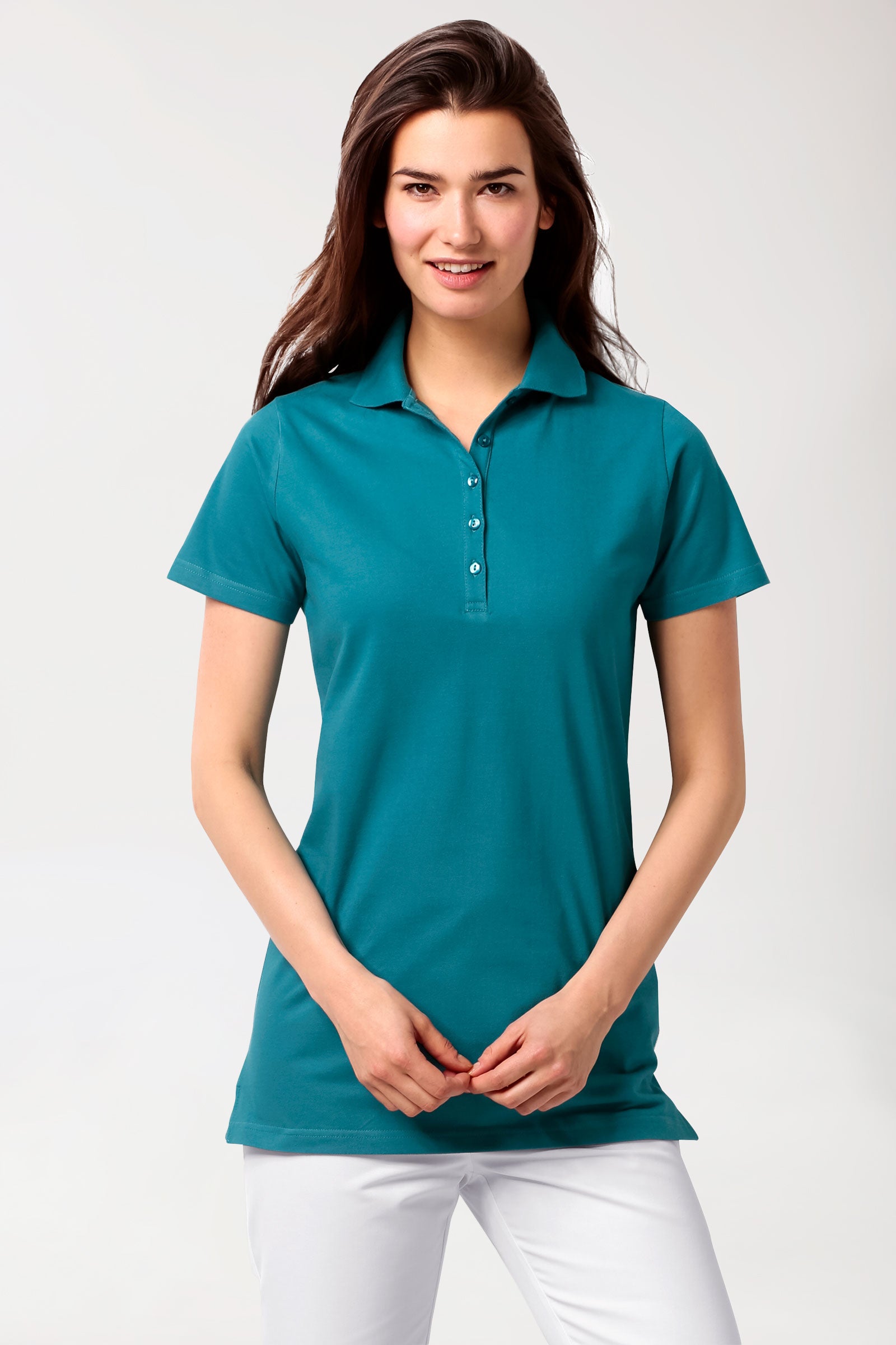 Stretch Longshirt Damen - Polokragen petrol, Vue de face 