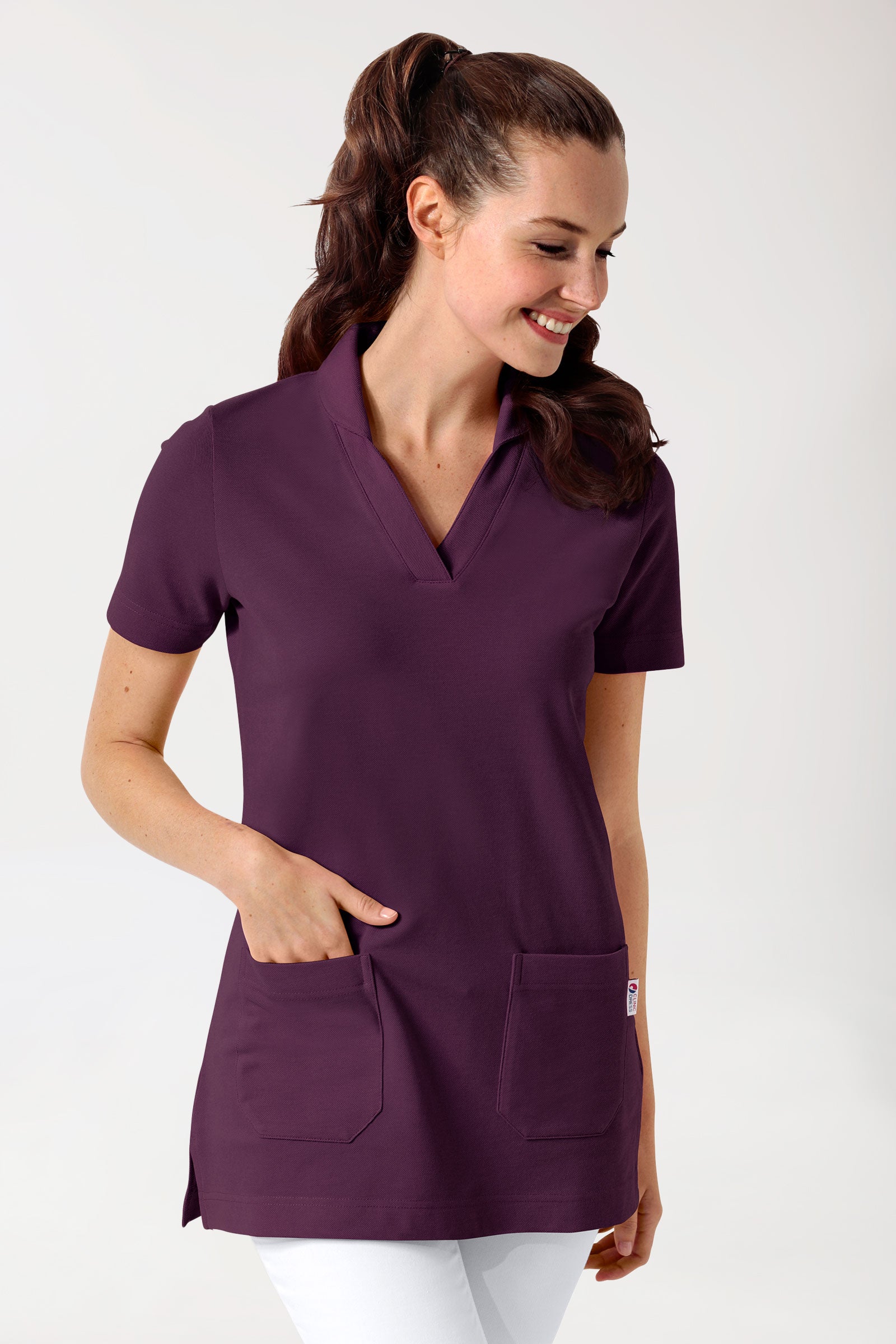 Piqué Longshirt Damen - mit Kragen pflaume, Vue de face 