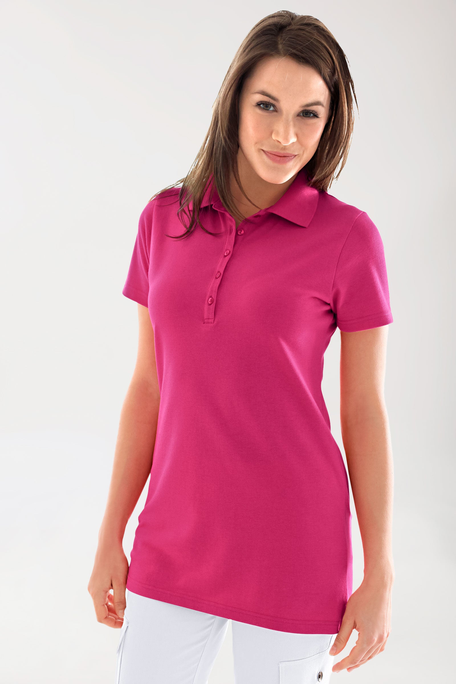 Stretch Longshirt Damen - Polokragen pink