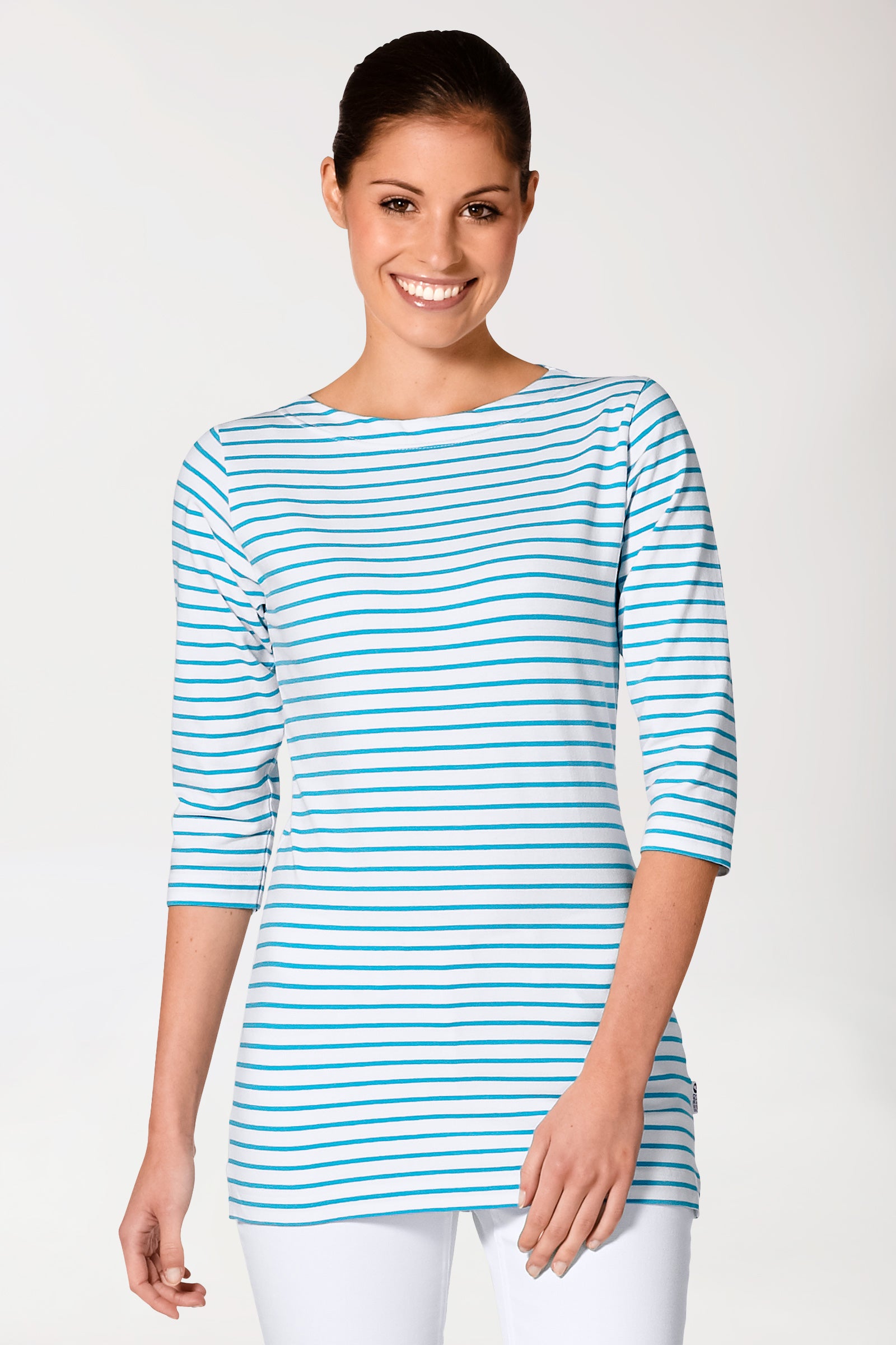Longshirt Damen - 3/4 Arm türkis/weiss, Vorderansicht 