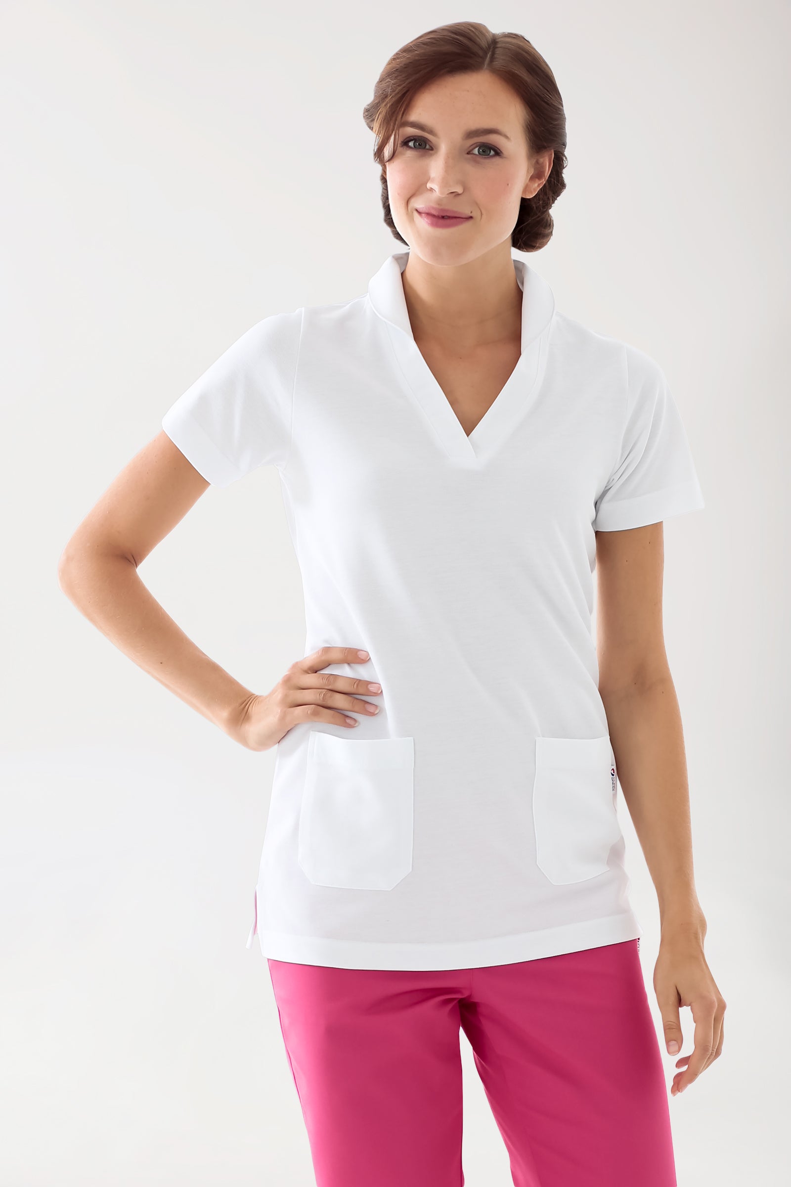 Piqué Longshirt Damen - mit Kragen weiss, Vorderansicht 