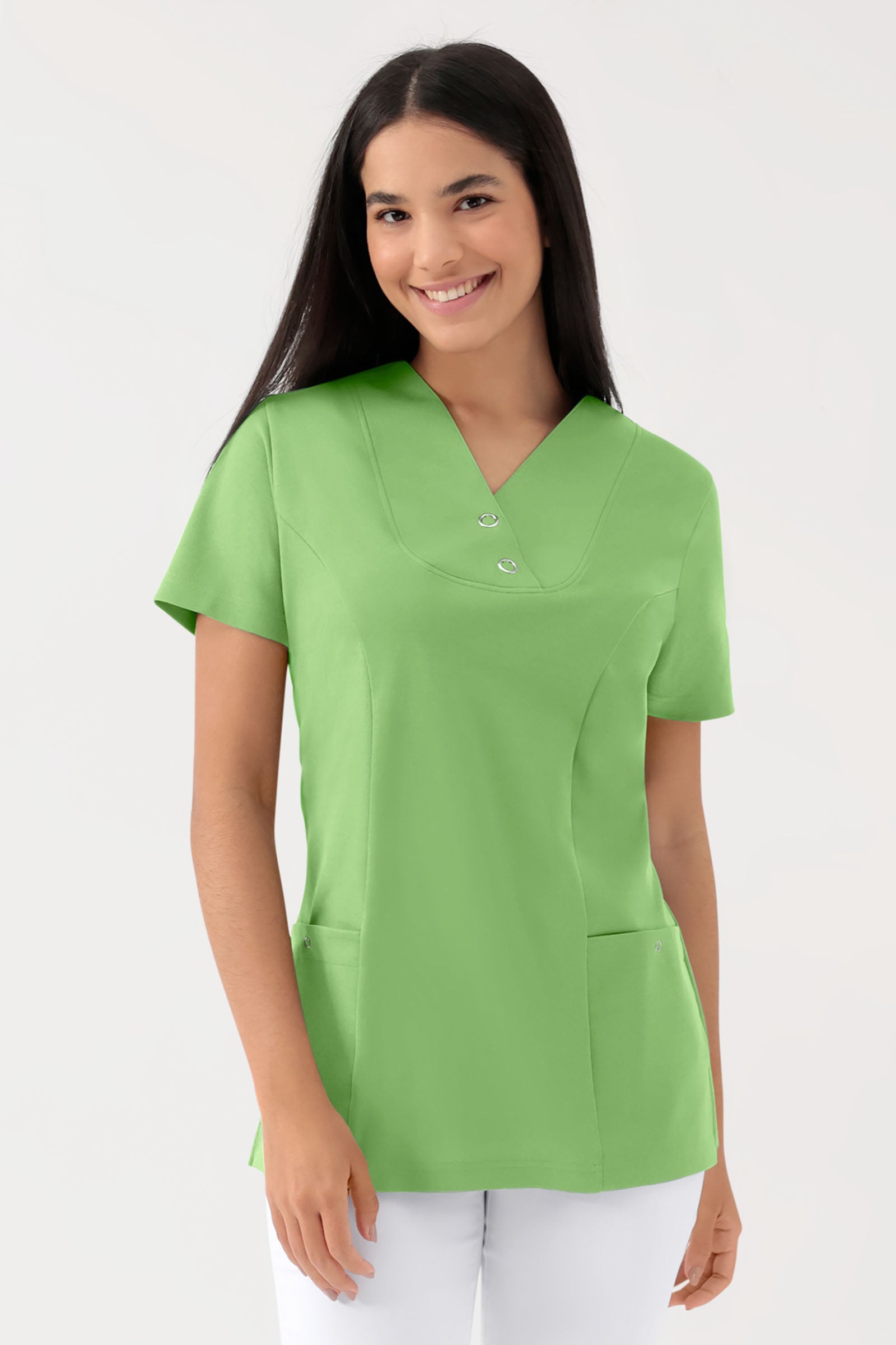 COMFY FLEX Stretch Schlupfkasack Damen - mit Druckknöpfen apfelgrün, Vue de face 