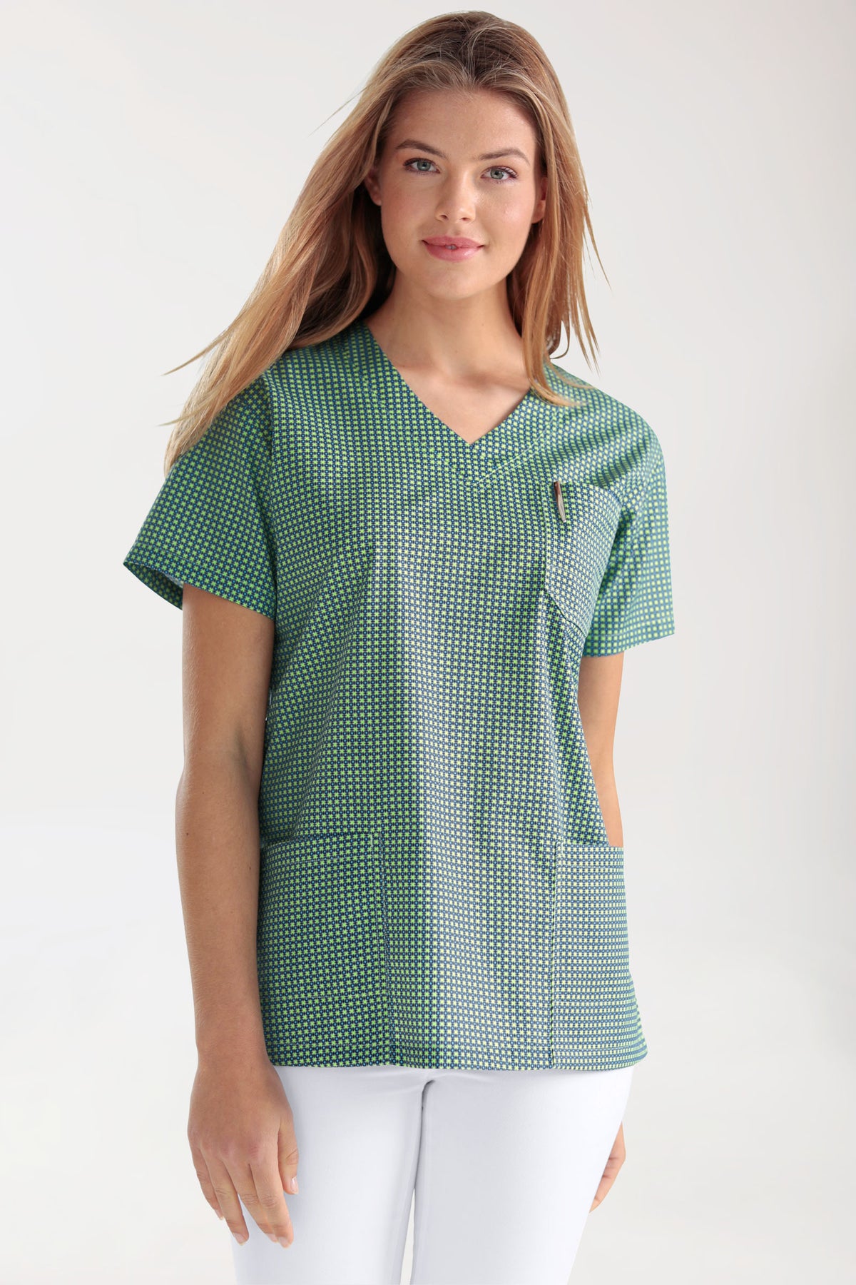 Leichter Schlupfkasack Damen - Alloverprint apfelgrün/navy, Vorderansicht 