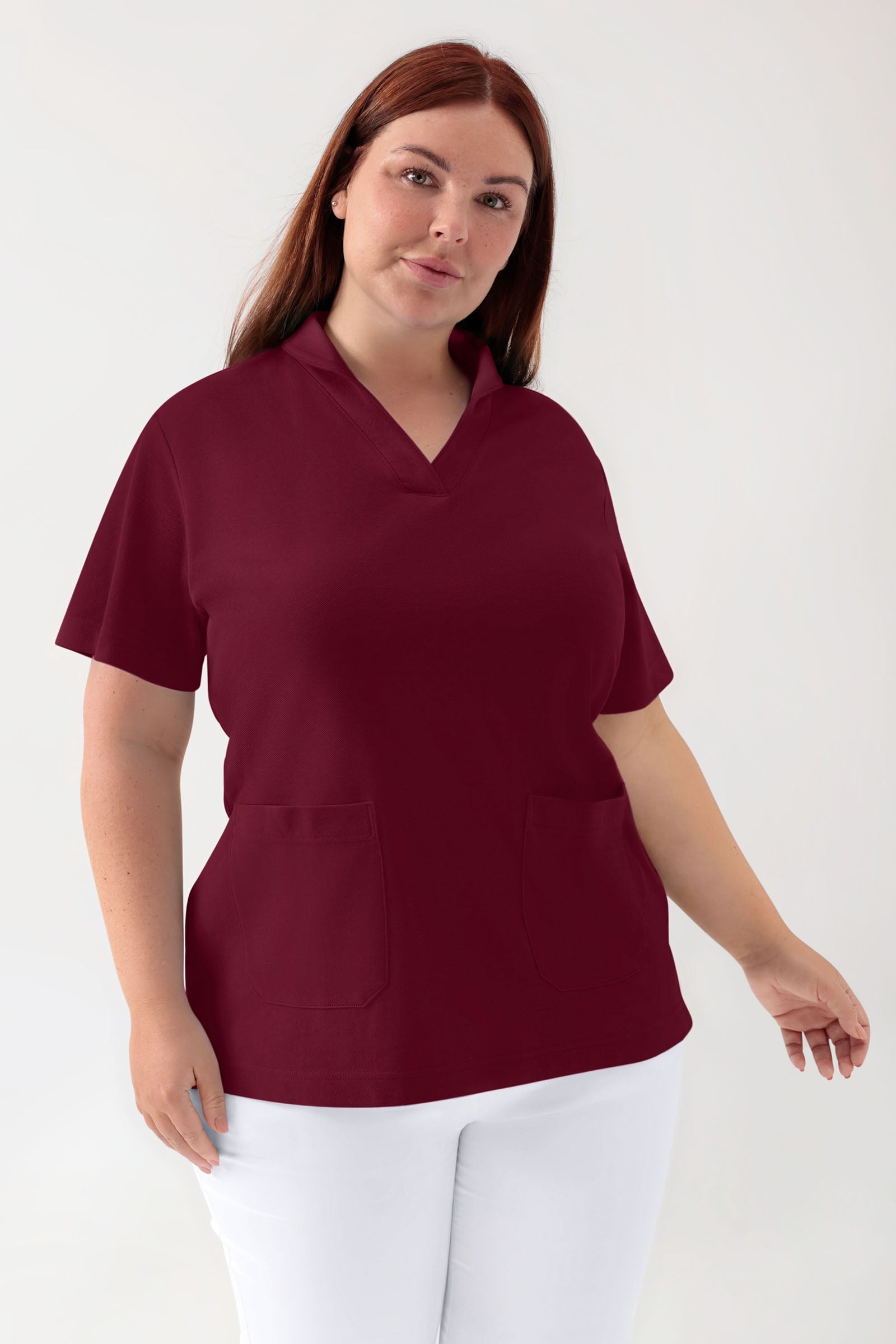 COMFY FLEX Stretch Schlupfkasack Damen - Schalkragen bordeaux, Vorderansicht 