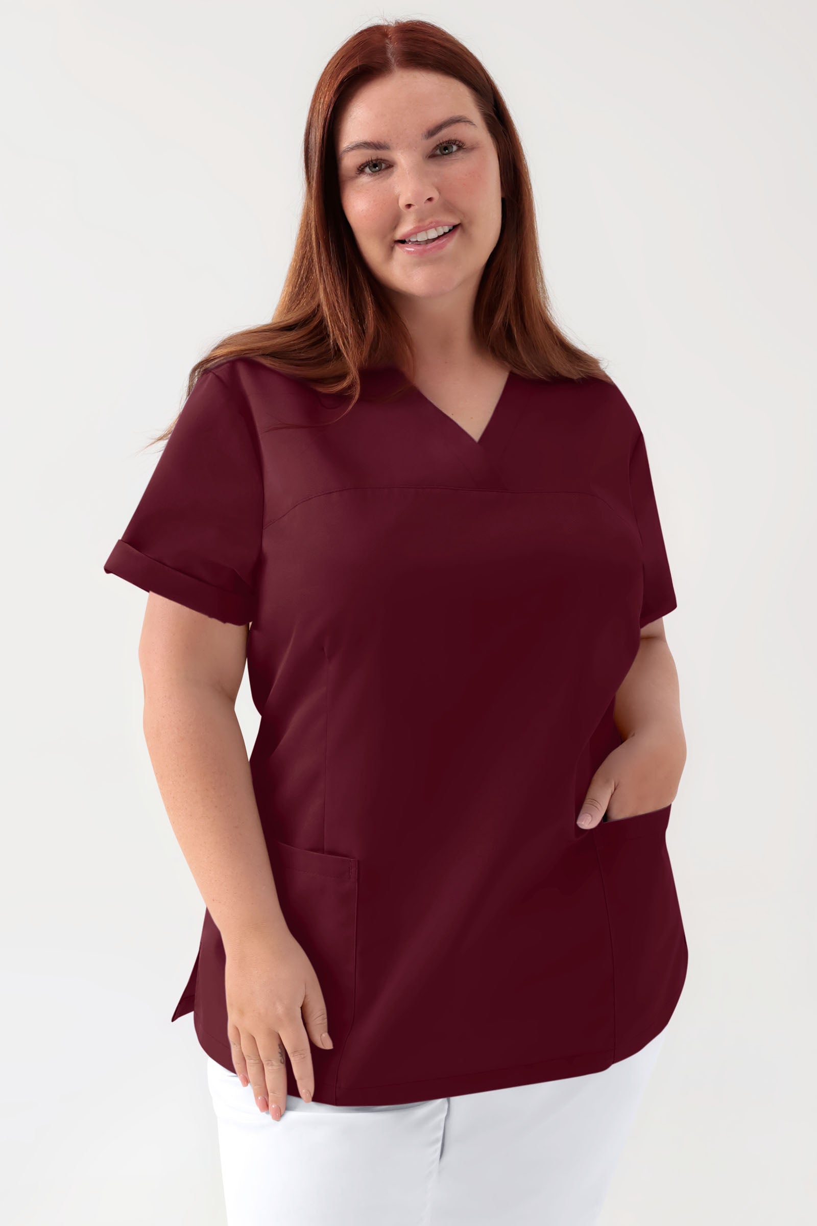Stretch Schlupfkasack Damen - V-Ausschnitt bordeaux, Vorderansicht 