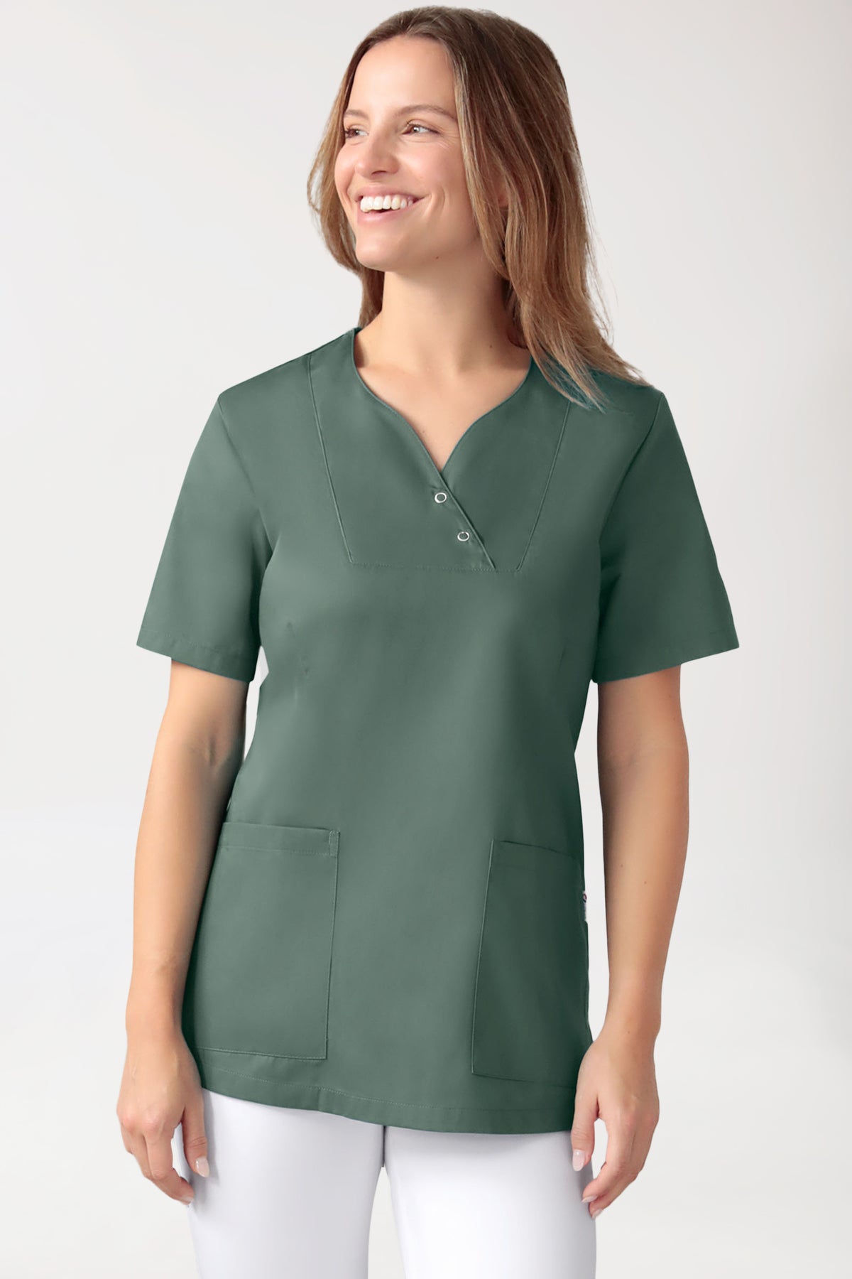 CORE Schlupfkasack Damen curved fit - mit Druckknöpfen dunkelgrün, Vorderansicht 