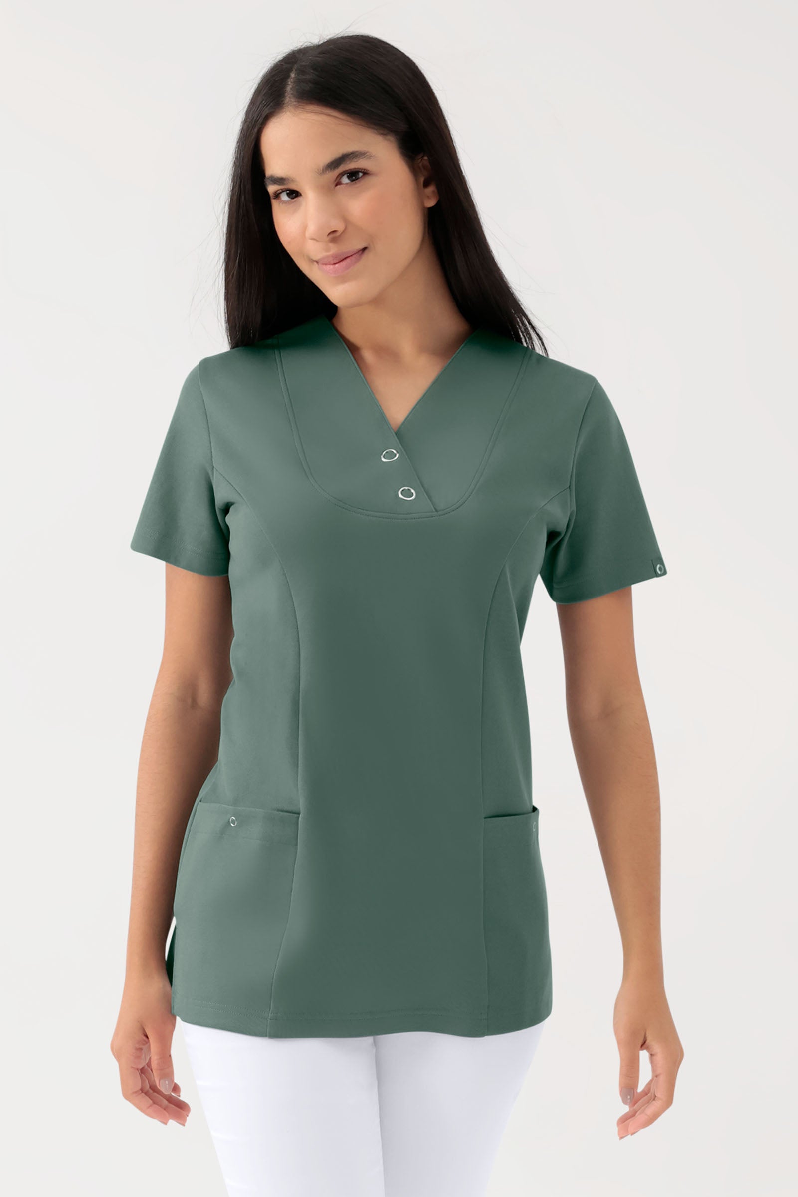 COMFY FLEX Stretch Schlupfkasack Damen - mit Druckknöpfen dunkelgrün