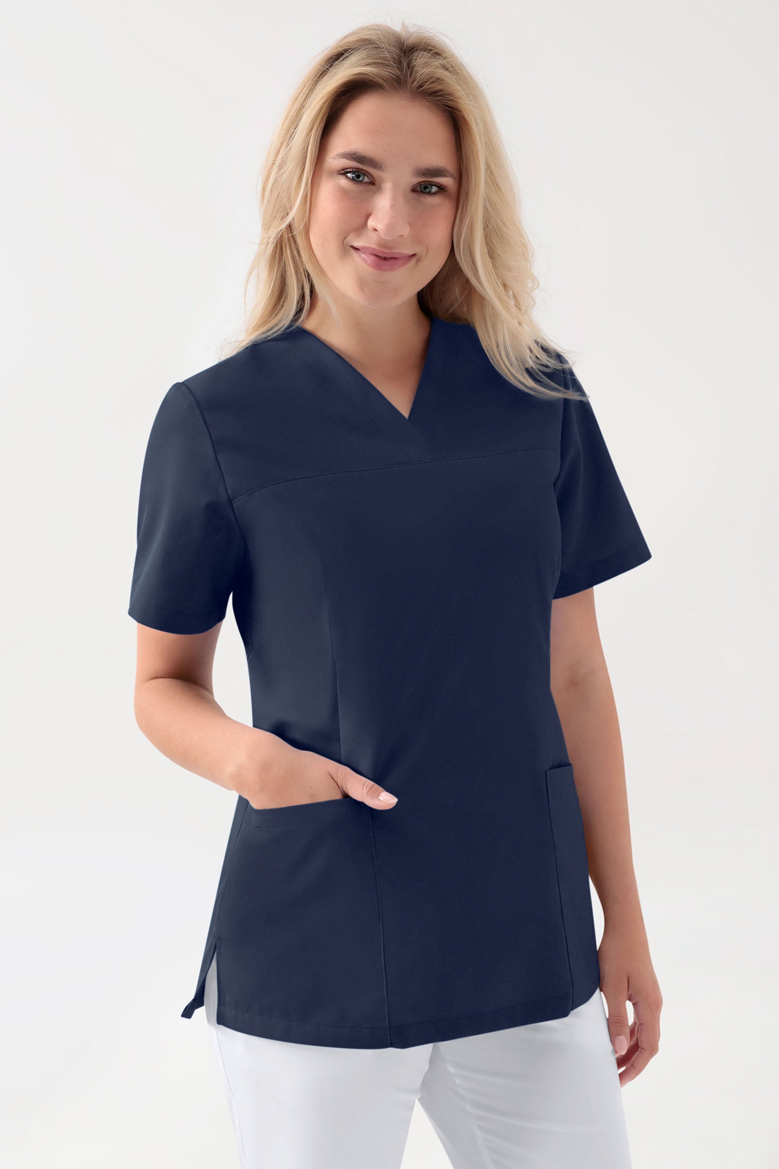Stretch Schlupfkasack Damen - V-Ausschnitt navy, Vorderansicht 