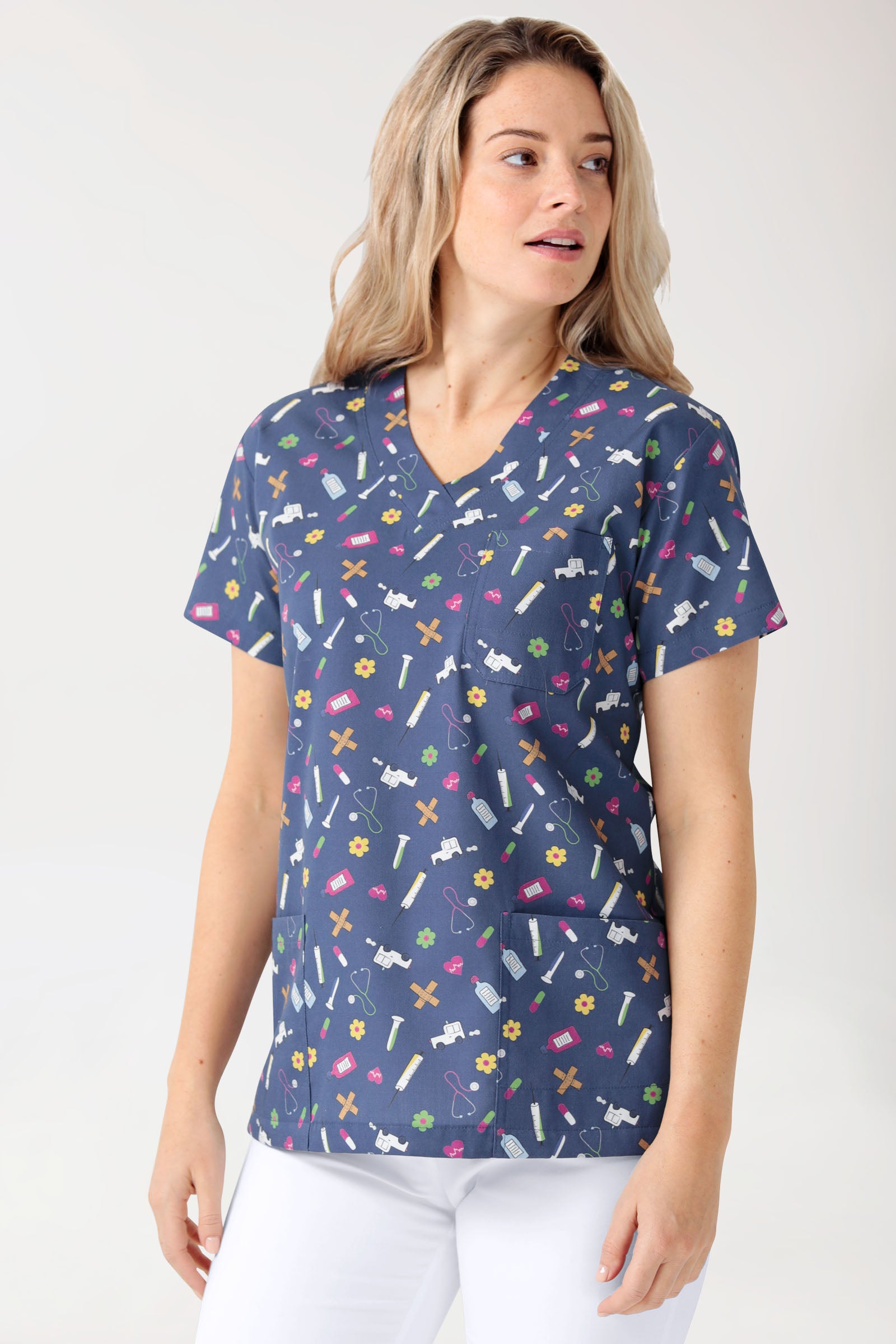 Leichter Schlupfkasack Damen - Alloverprint navy/bunt, Vue de face 
