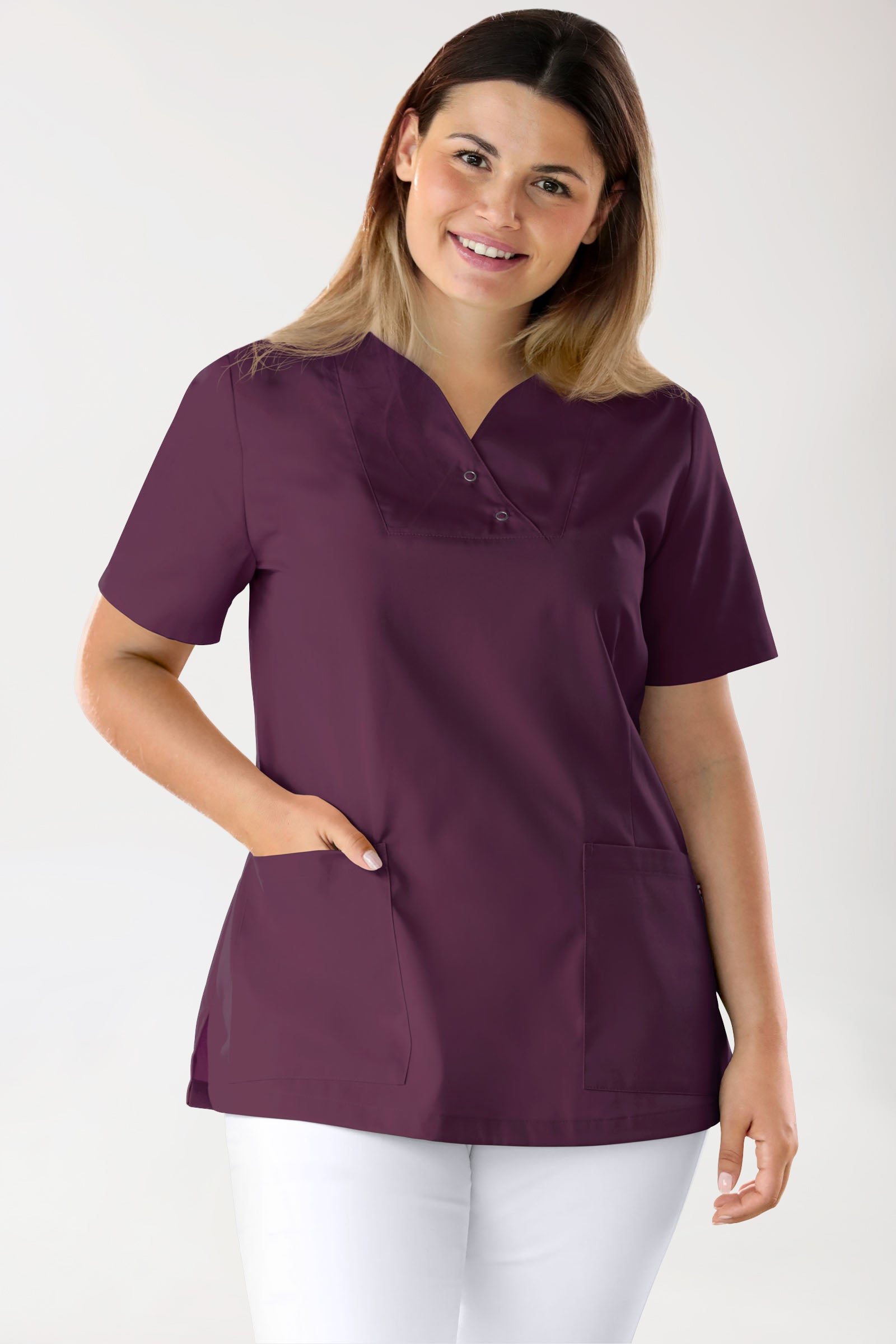 CORE Schlupfkasack Damen curved fit - mit Druckknöpfen pflaume