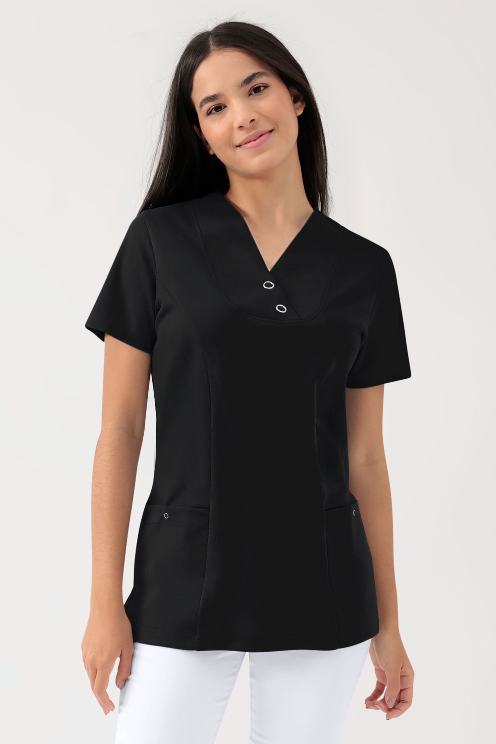 COMFY FLEX Stretch Schlupfkasack Damen - mit Druckknöpfen schwarz, Vorderansicht 