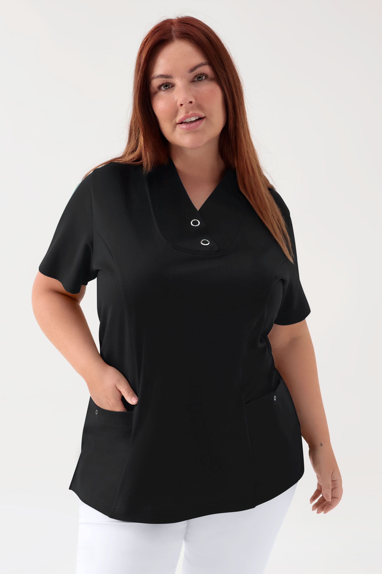 COMFY FLEX Stretch Schlupfkasack Damen - mit Druckknöpfen schwarz, Vorderansicht 