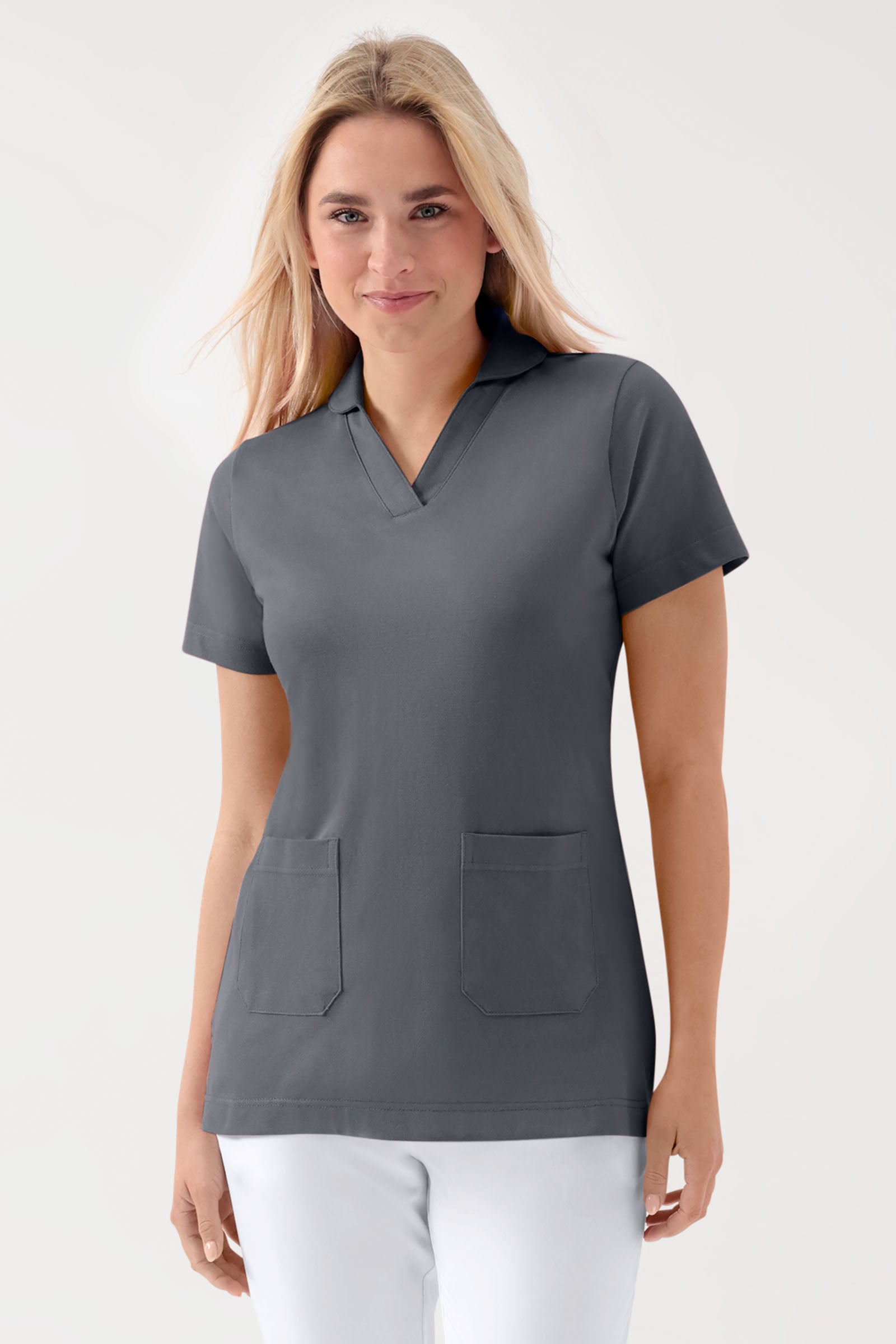 COMFY FLEX Stretch Schlupfkasack Damen - Schalkragen steingrau, Vorderansicht 