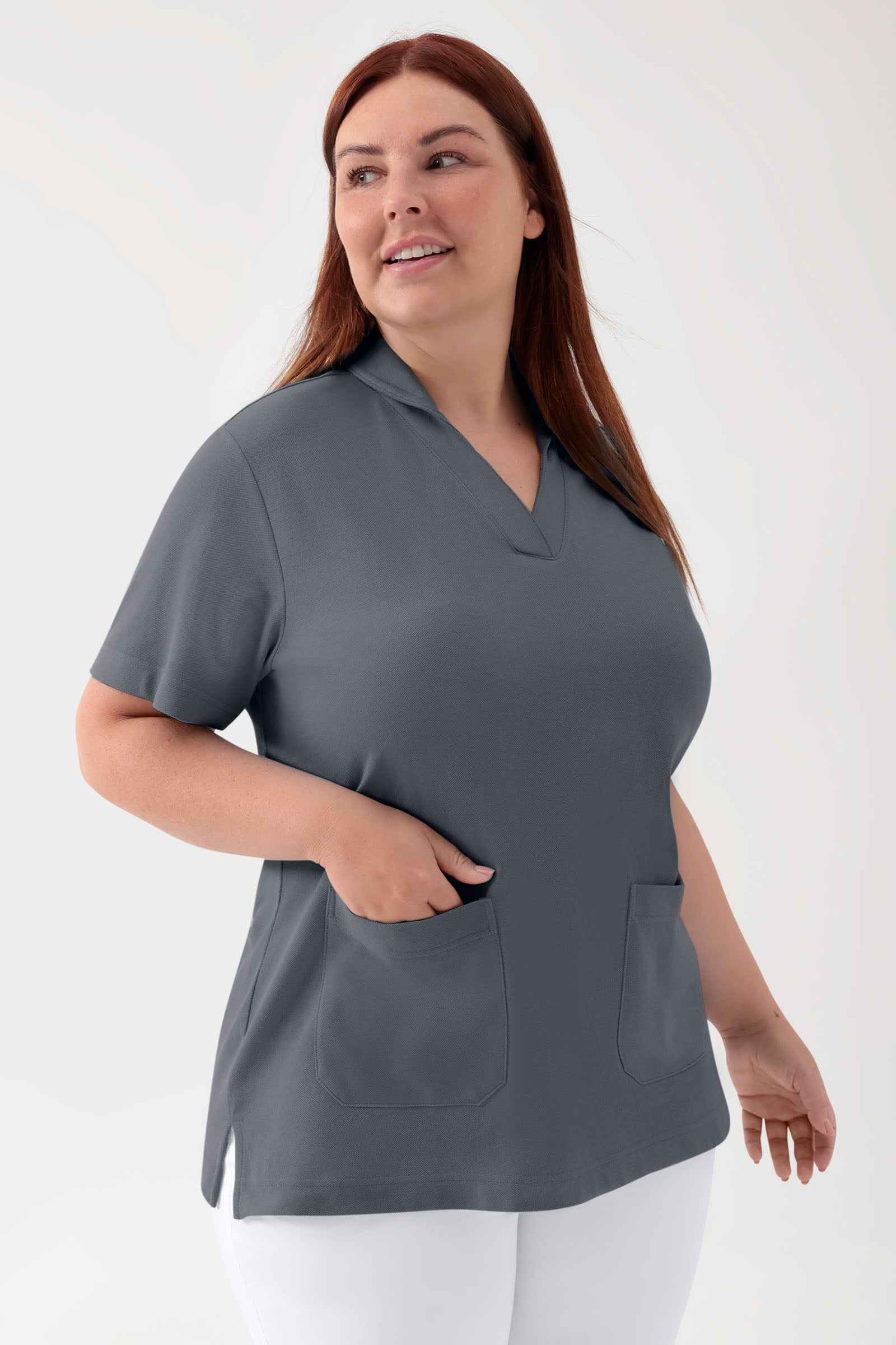 COMFY FLEX Stretch Schlupfkasack Damen - Schalkragen steingrau, Vorderansicht 
