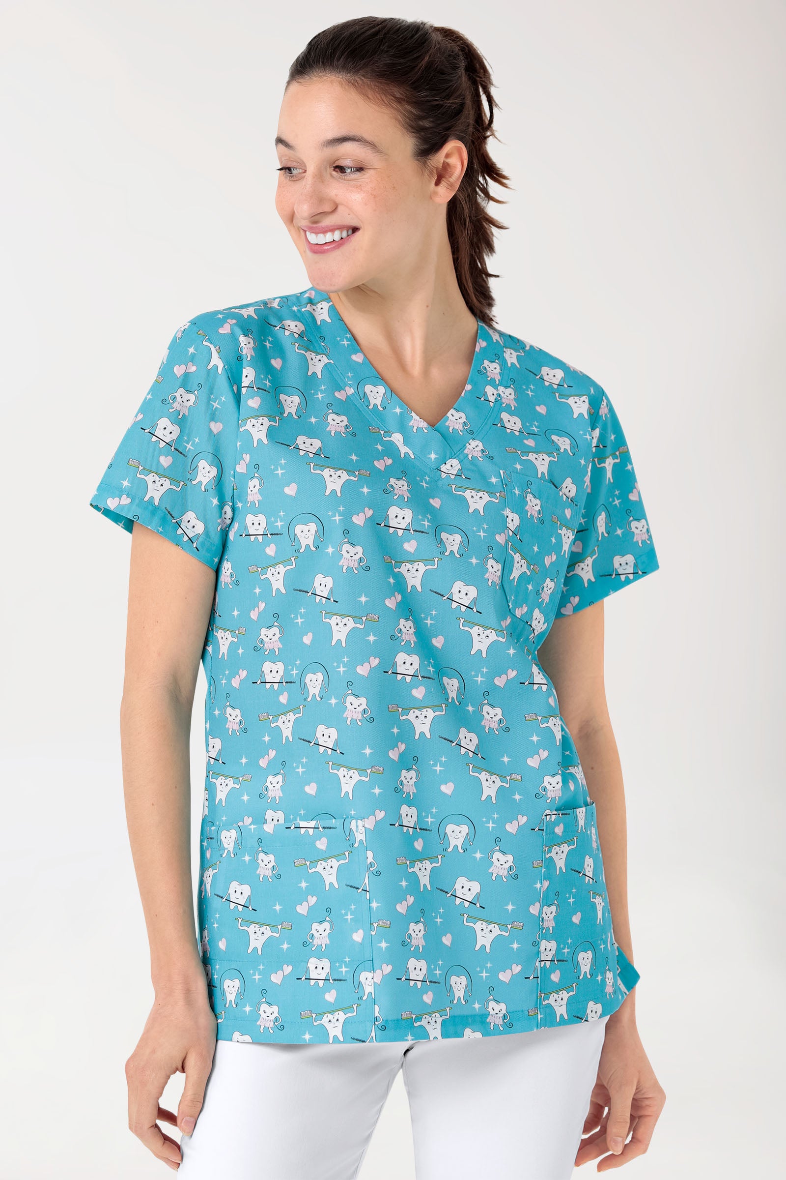 Leichter Schlupfkasack Damen - Alloverprint türkis/weiss/rosa, Vorderansicht 