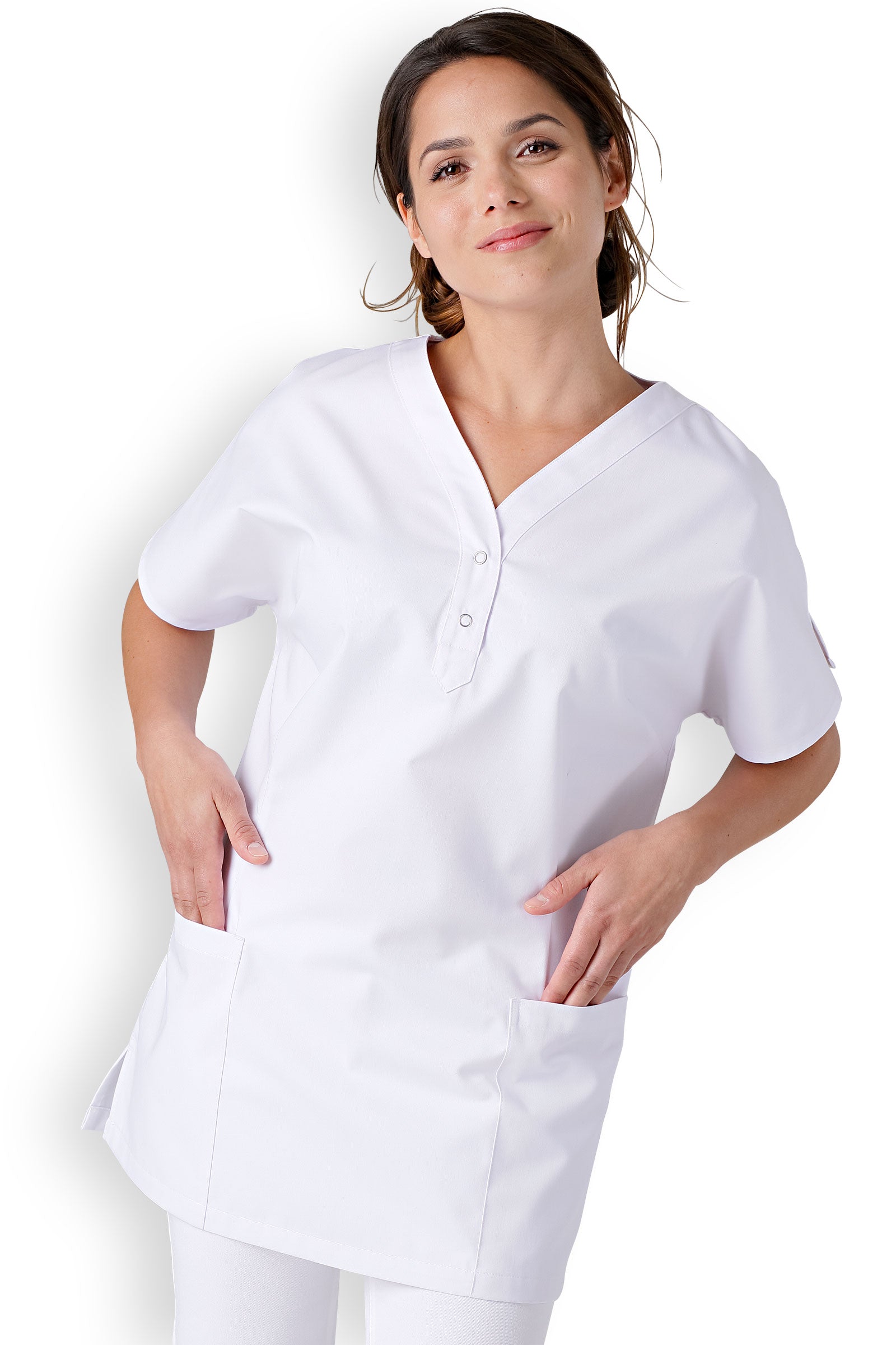 Schlupfkasack Damen Weiss V-Ausschnitt, Vorderansicht 