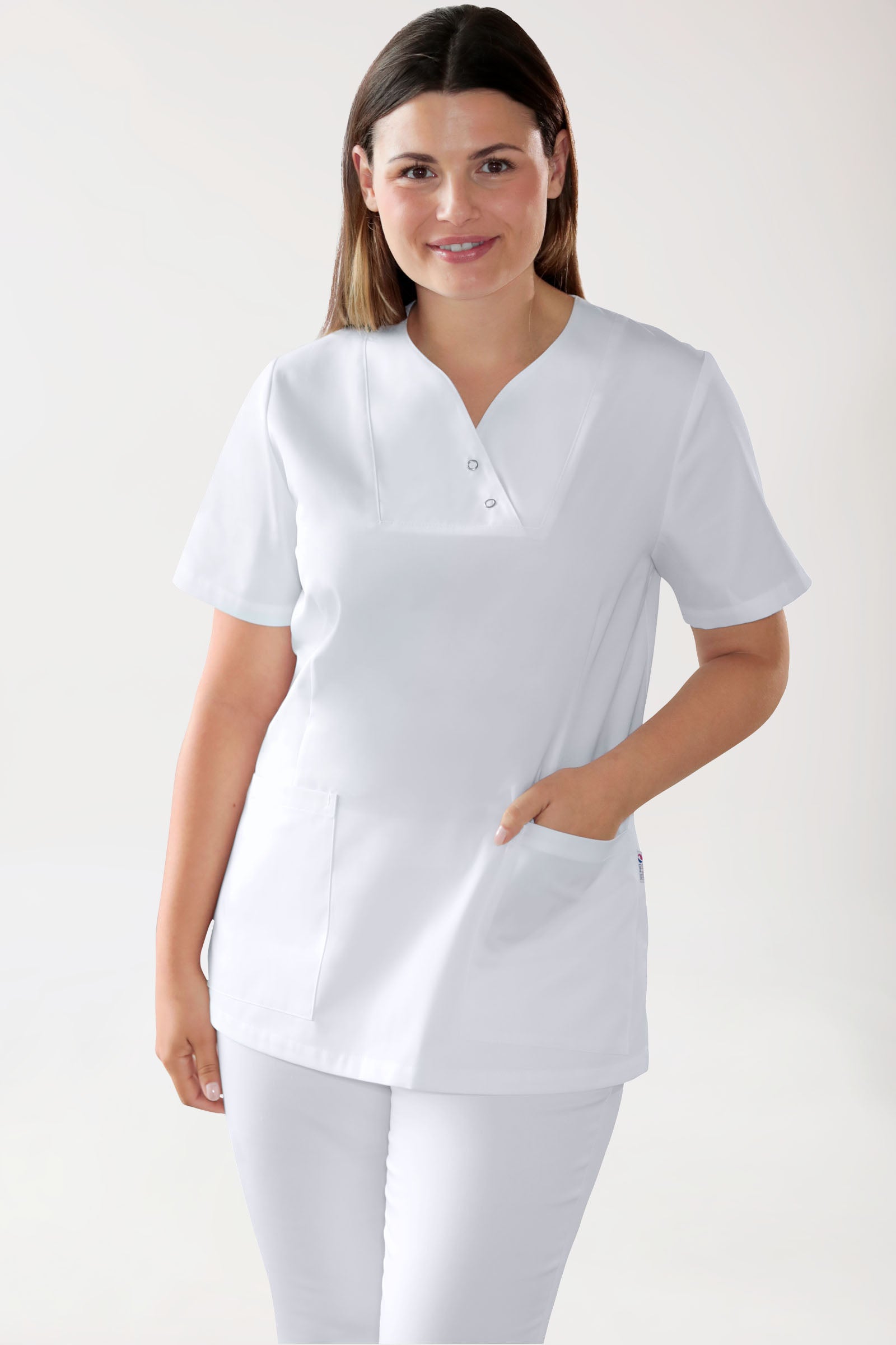 CORE Schlupfkasack Damen curved fit - mit Druckknöpfen weiss, Vue de face 