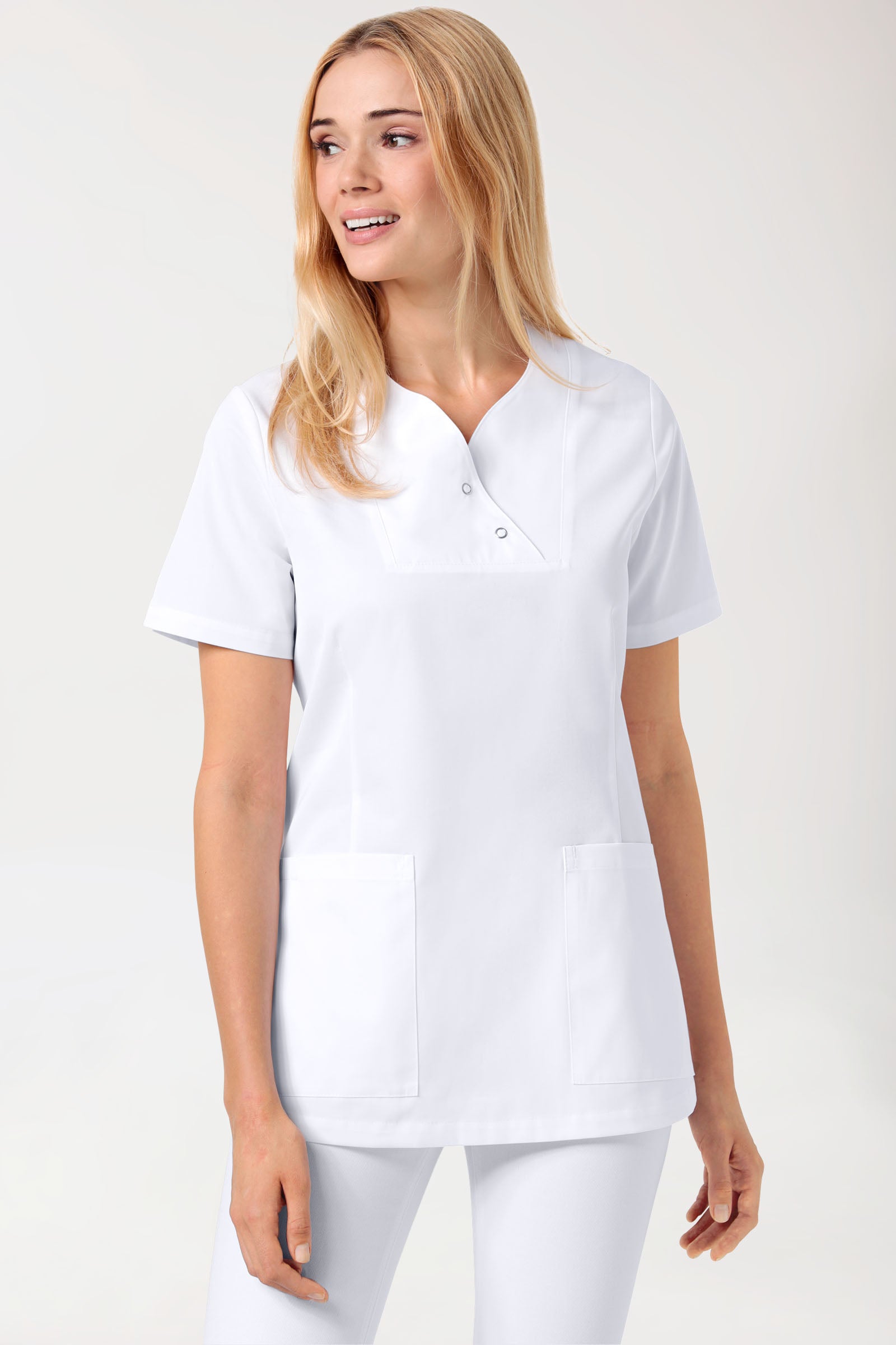 CORE Schlupfkasack Damen curved fit - mit Druckknöpfen weiss, Vue de face 