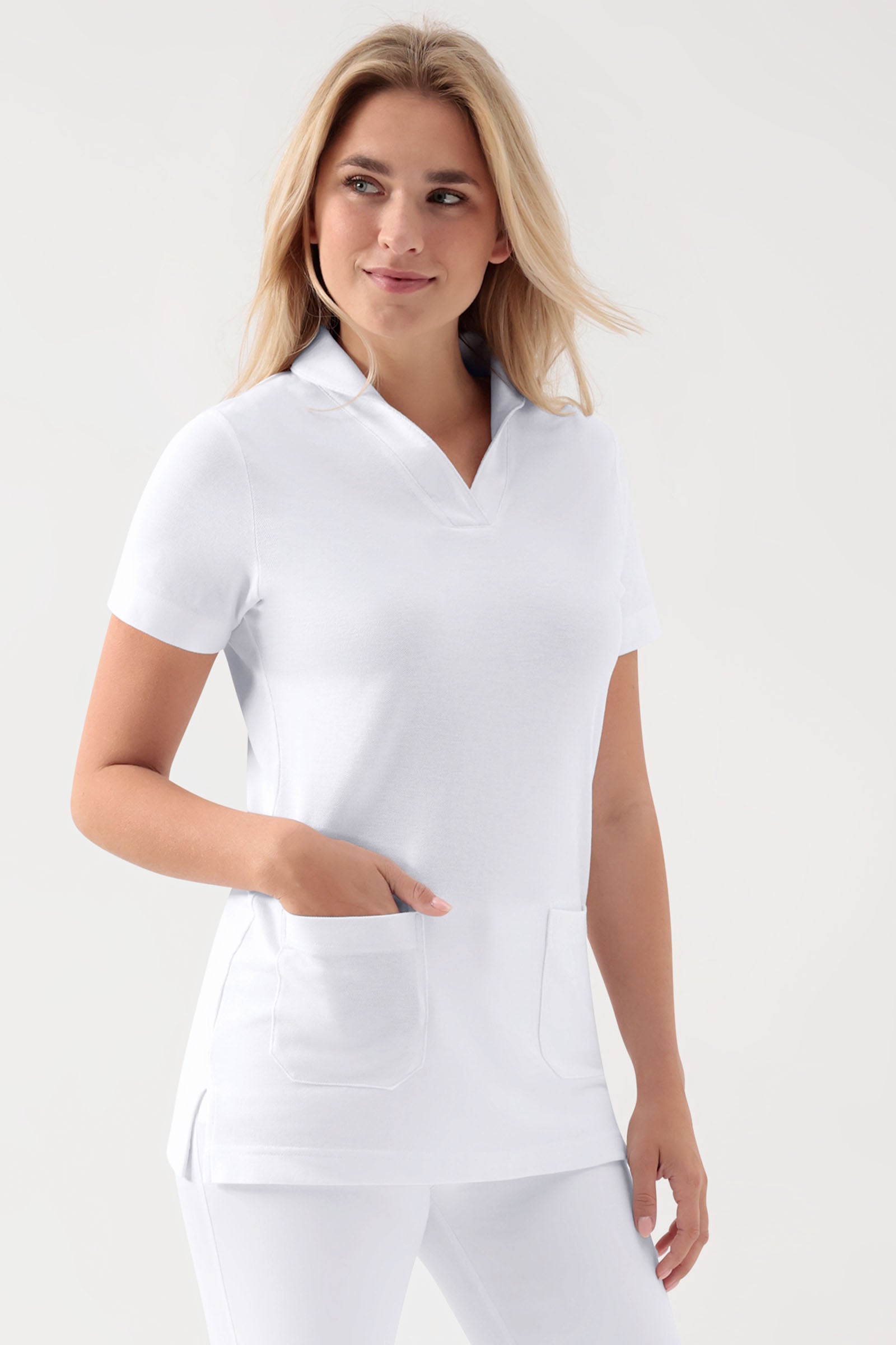 COMFY FLEX Stretch Schlupfkasack Damen - Schalkragen weiss
