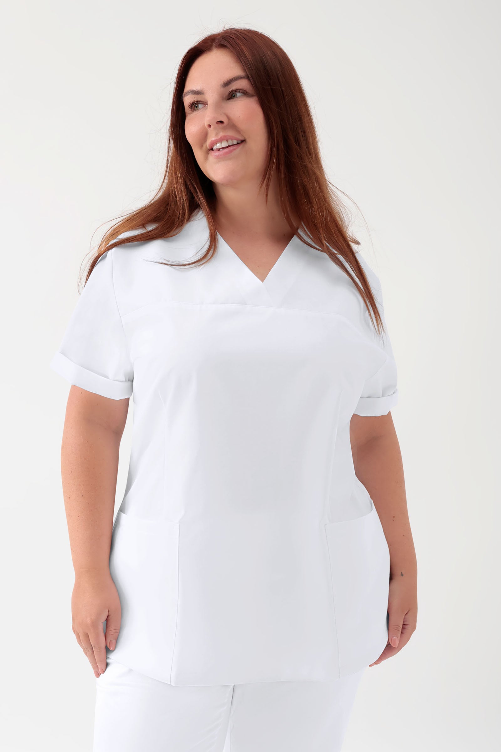 Stretch Schlupfkasack Damen - V-Ausschnitt weiss