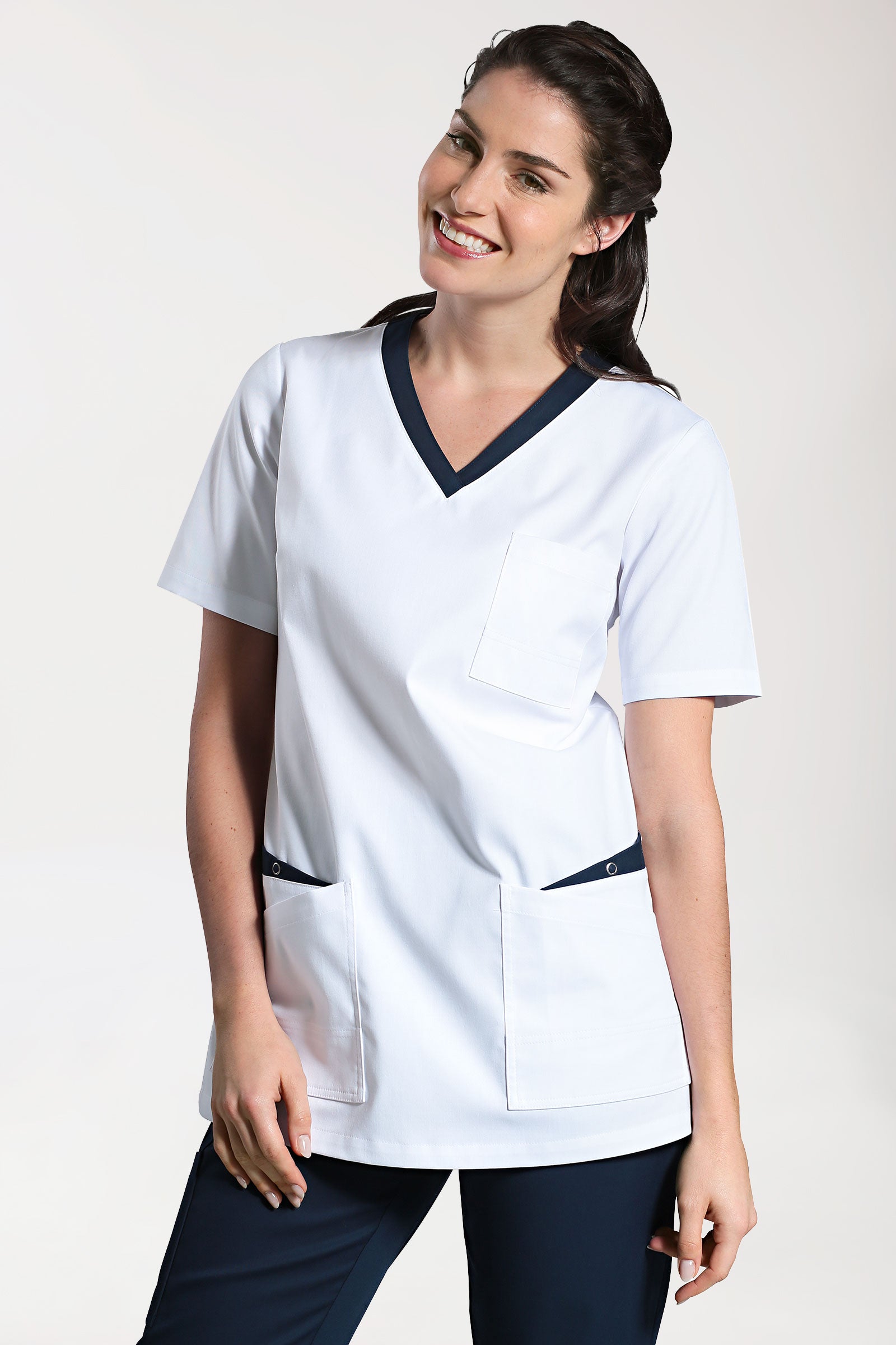 CLINIC STRETCH Schlupfkasack Damen - 1/2 Arm weiss/navy