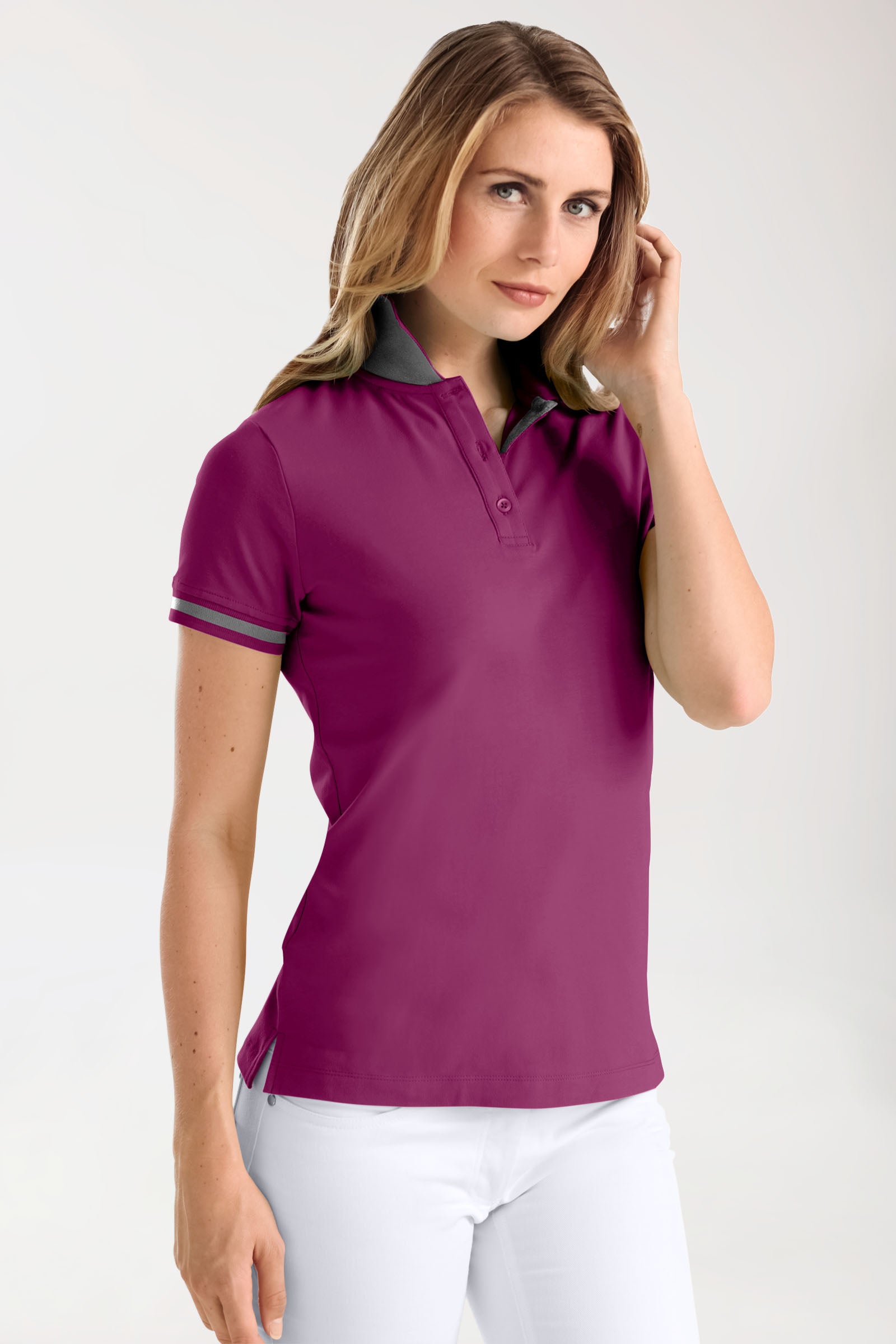 Stretch Shirt Damen - Polokragen berry/dunkelgrau melange, Vorderansicht 