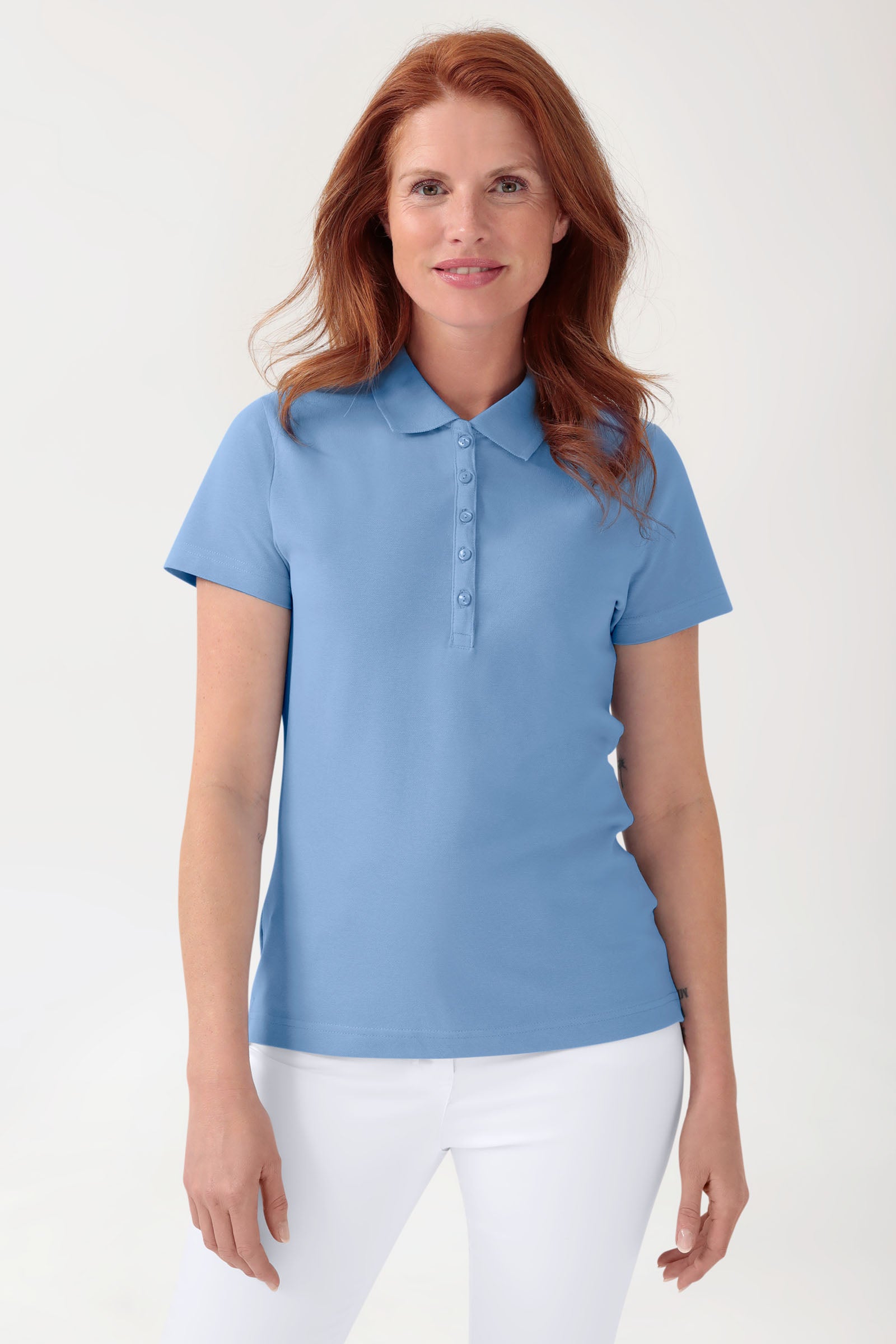 Stretch Shirt Damen - Polokragen himmelblau, Vorderansicht 