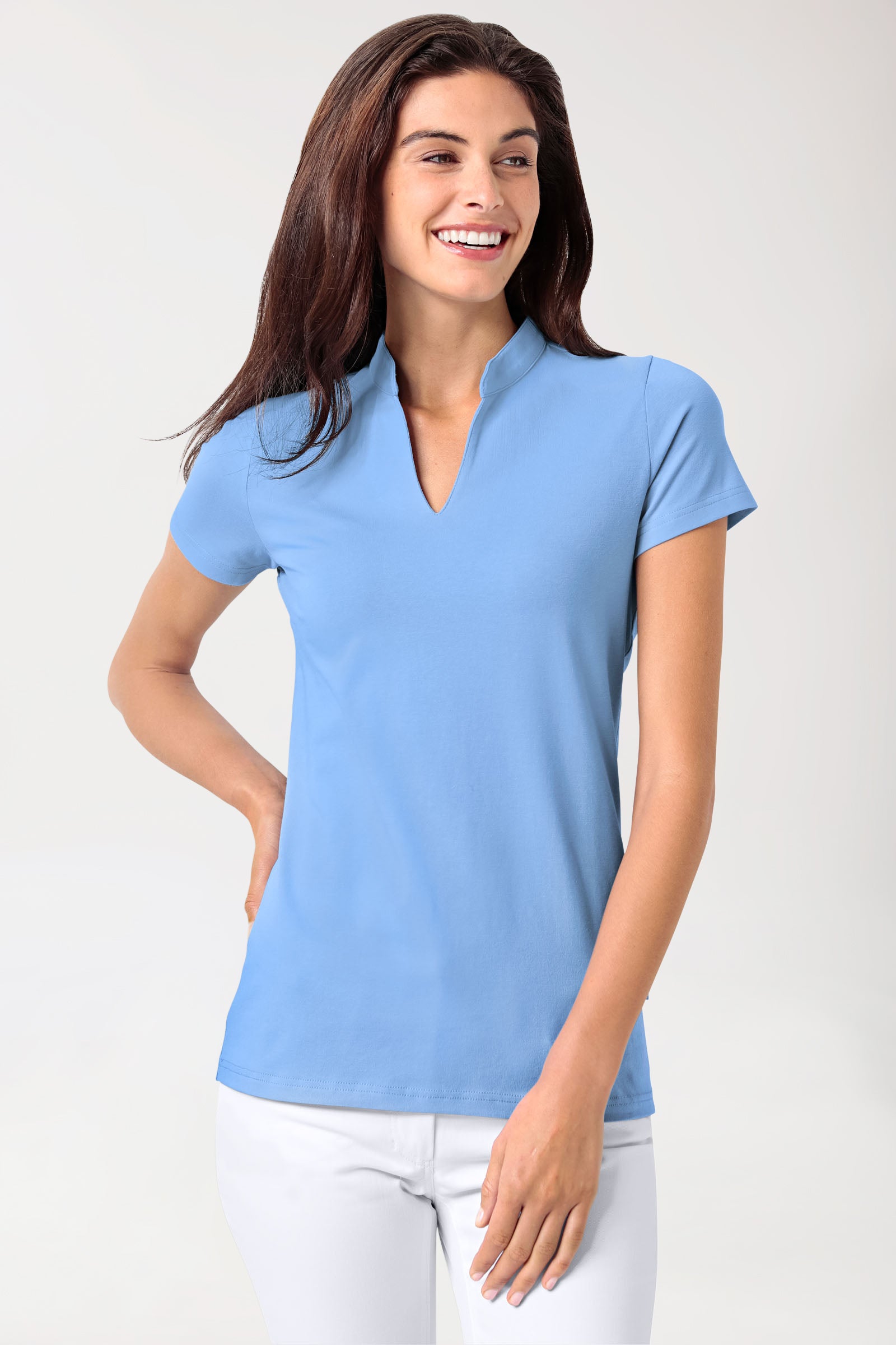 Stretch Shirt Damen - Stehkragen himmelblau