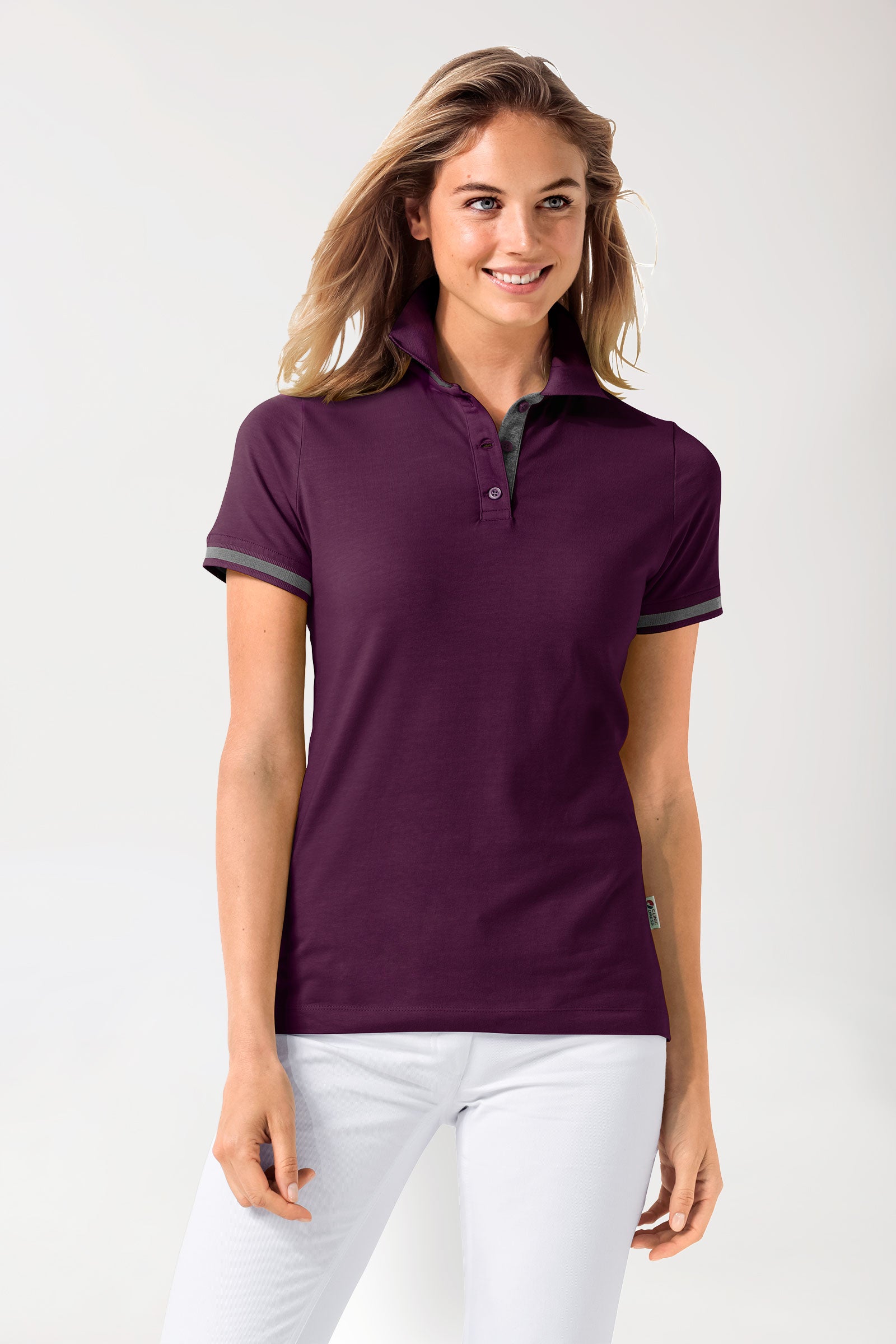 Stretch Shirt Damen - Polokragen pflaume/dunkelgrau melange