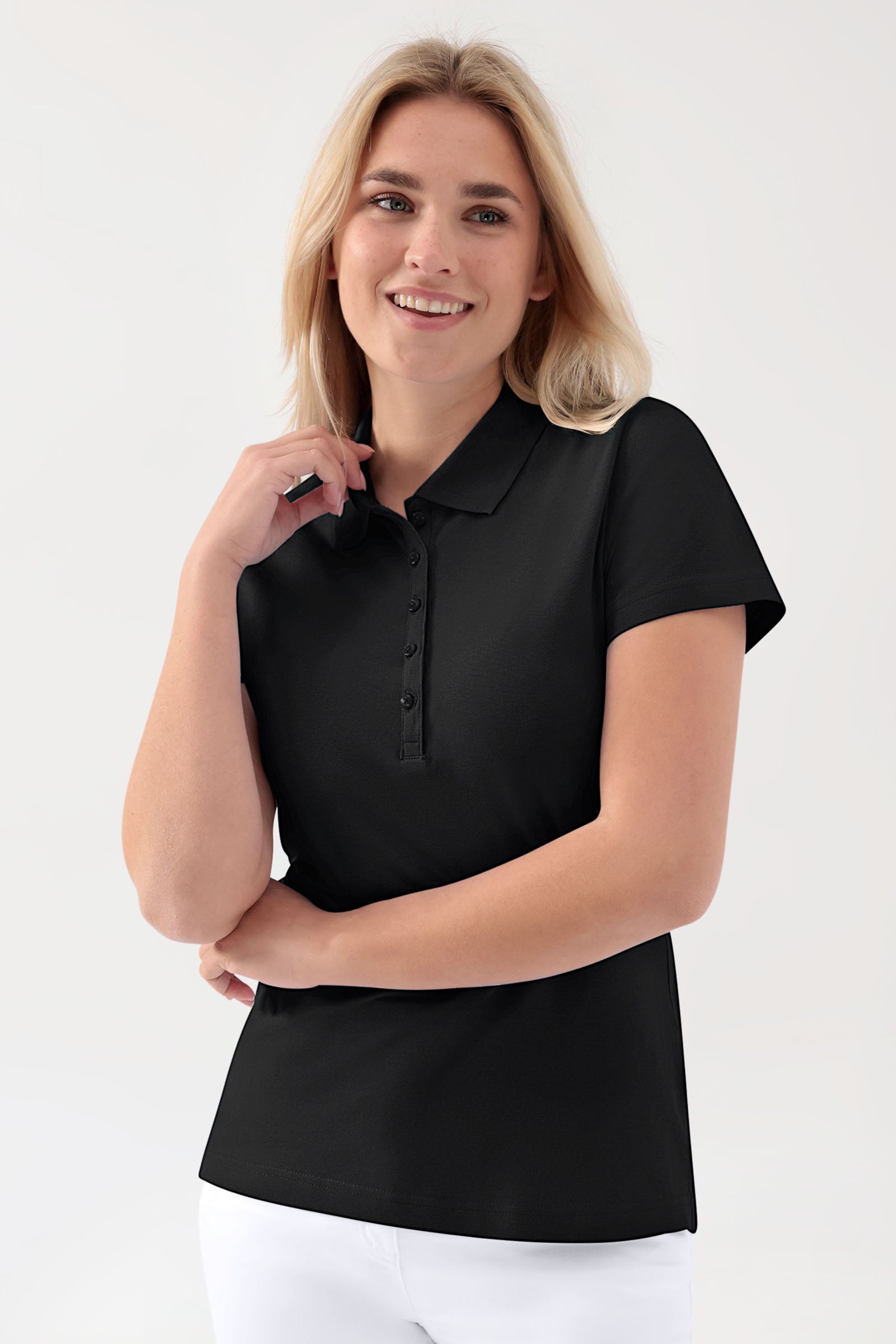 Stretch Shirt Damen - Polokragen schwarz, Vorderansicht 