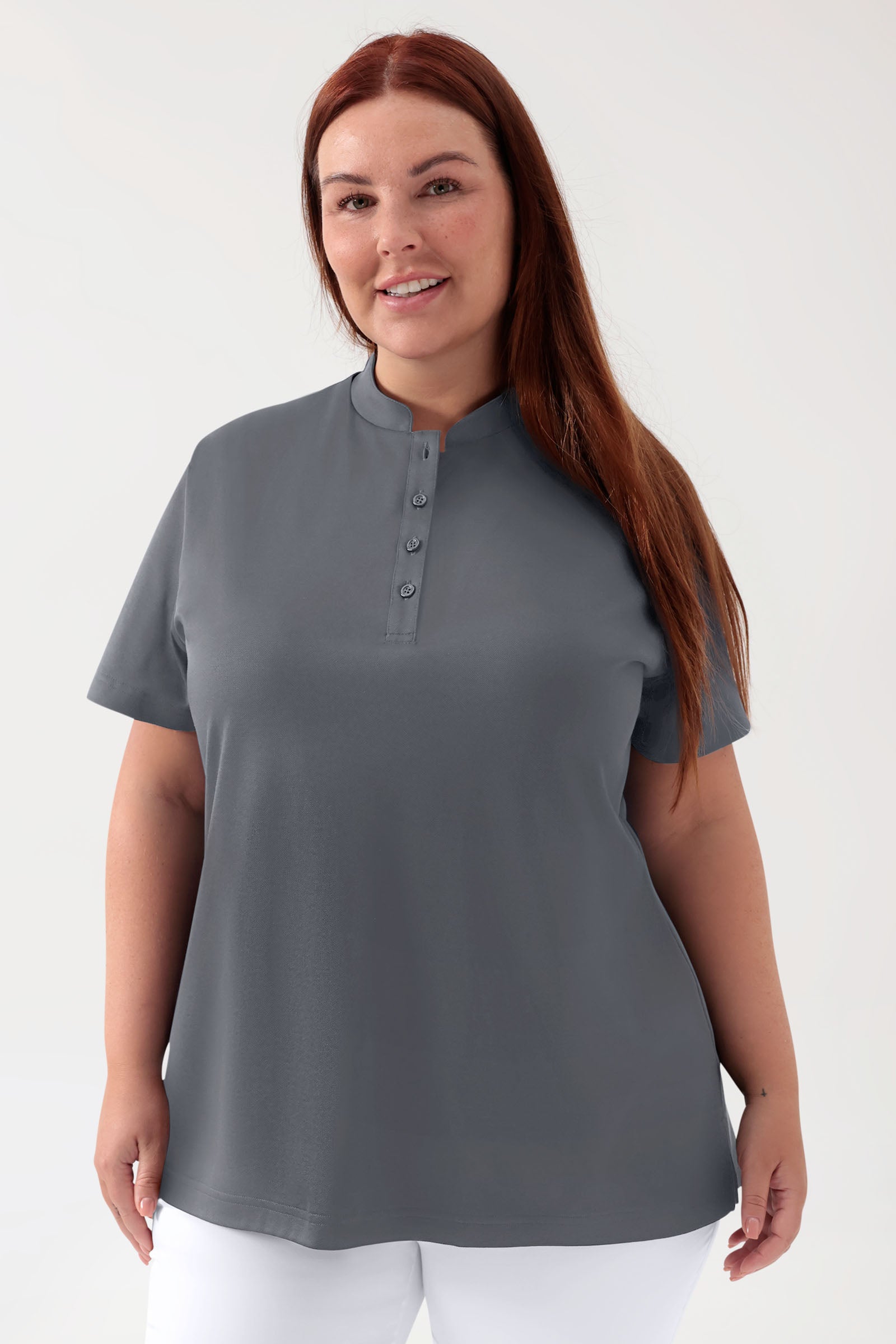COMFY FLEX Stretch Shirt Damen - Stehkragen steingrau, Vue de face 
