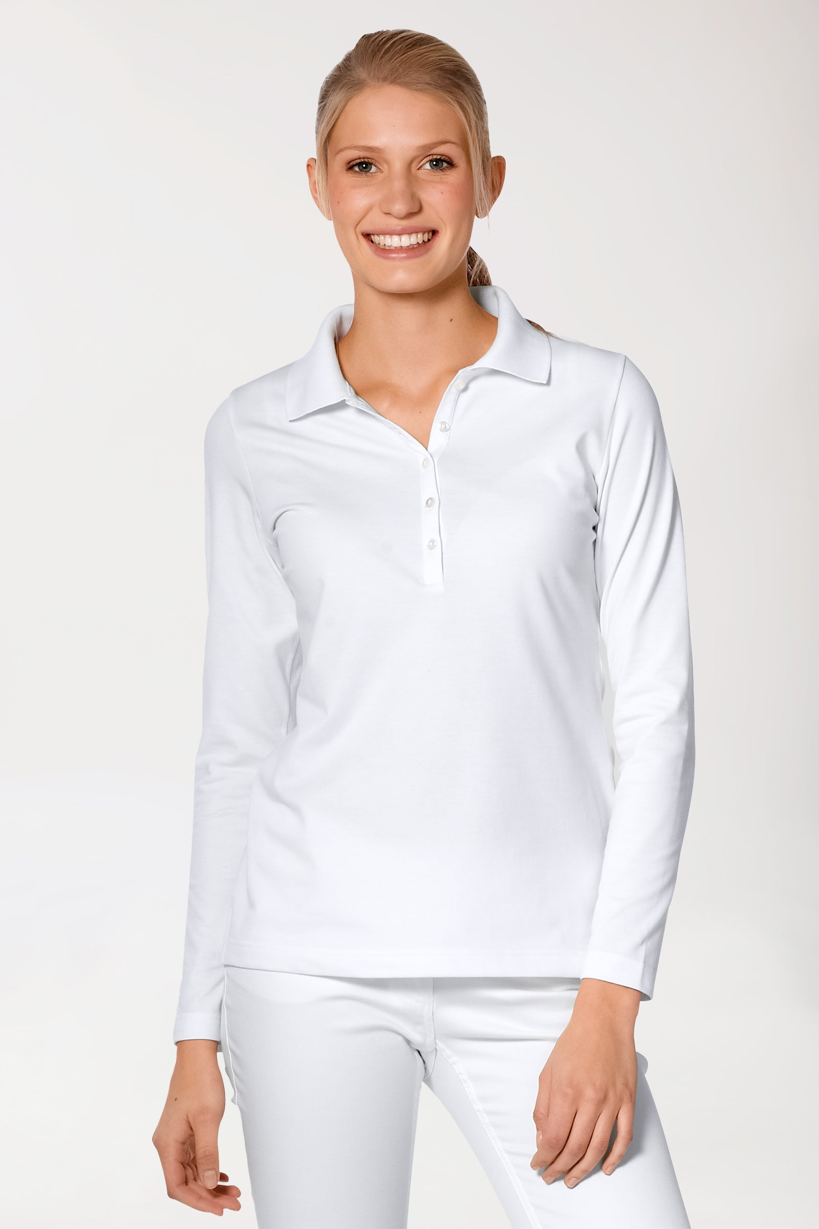 Stretch Shirt Damen - 1/1 Arm mit Polokragen weiss, Vue de face 