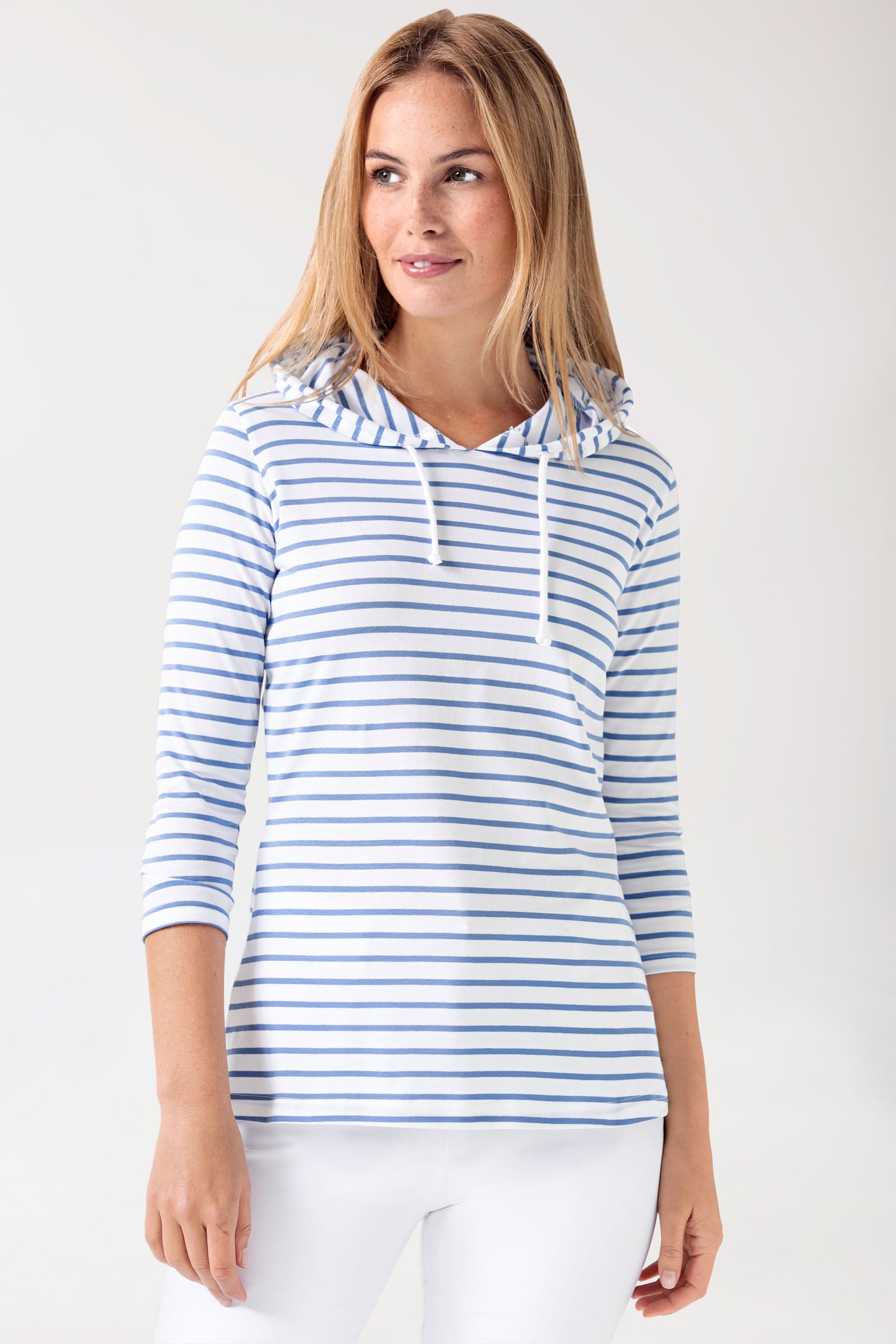 Kapuzenshirt Damen - 3/4 Arm weiss/blau, Vorderansicht 