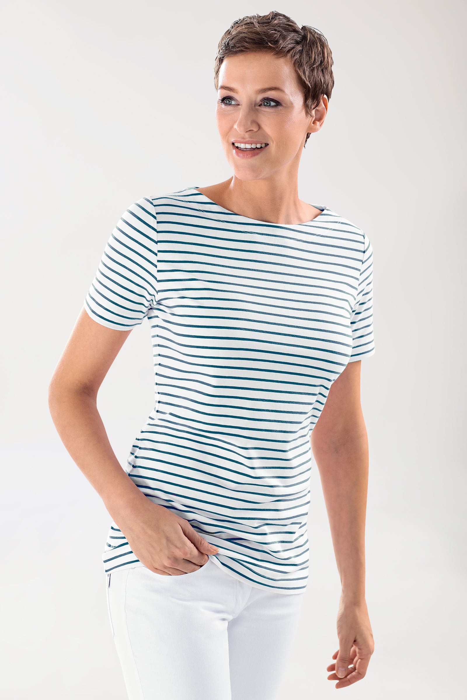 Shirt Damen - 1/2 Arm weiss/navy, Vorderansicht 
