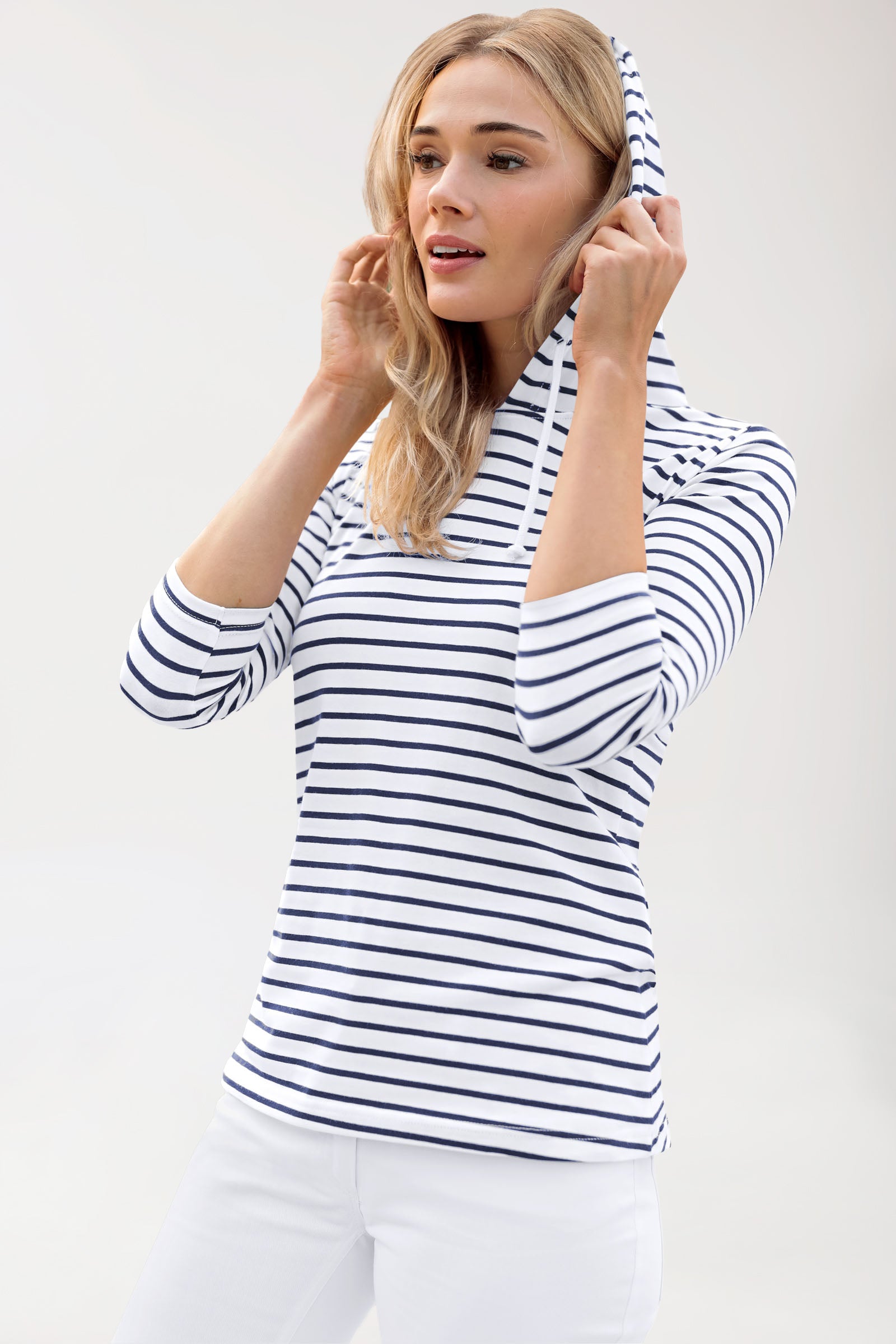 Kapuzenshirt Damen - 3/4 Arm weiss/navy, Vorderansicht 