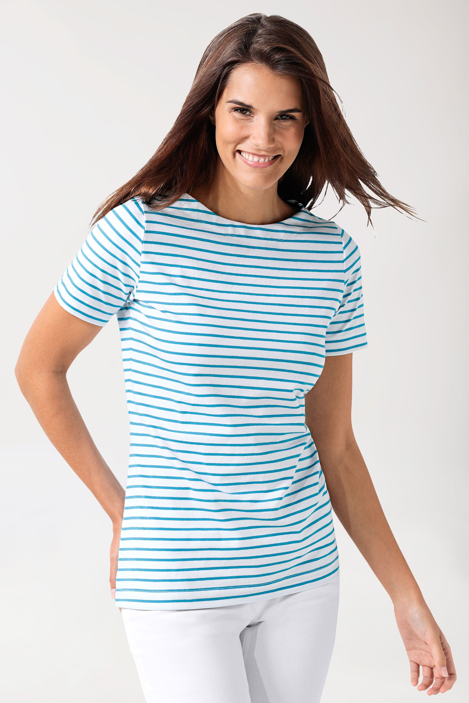 Shirt Damen - 1/2 Arm weiss/türkis, Vorderansicht 