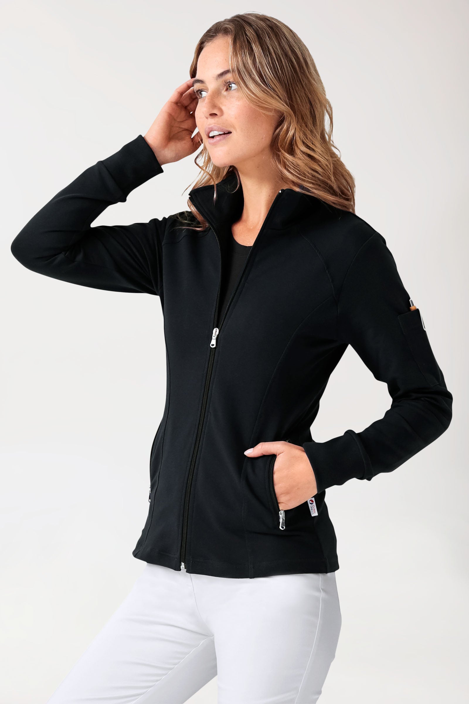 Sweatjacke Damen - Stehkragen schwarz, Vorderansicht 