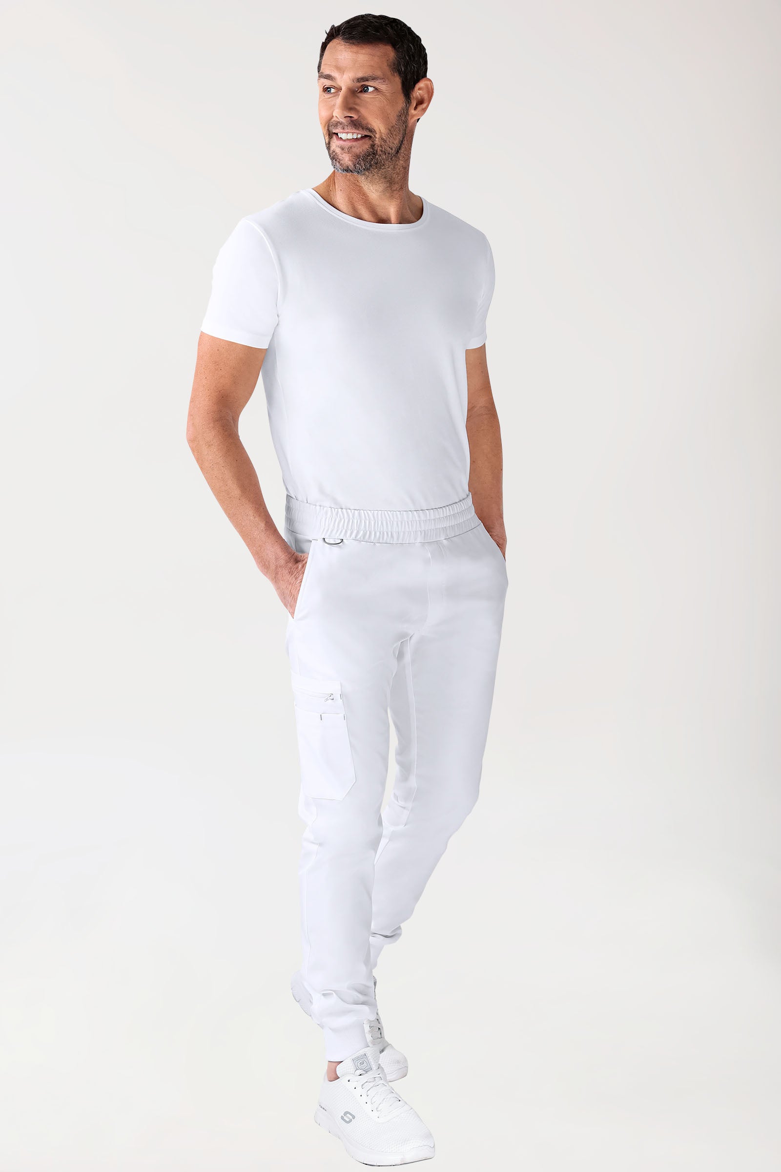 CLINIC STRETCH Hose Herren - Saumbündchen weiss/grau, Vorderansicht 